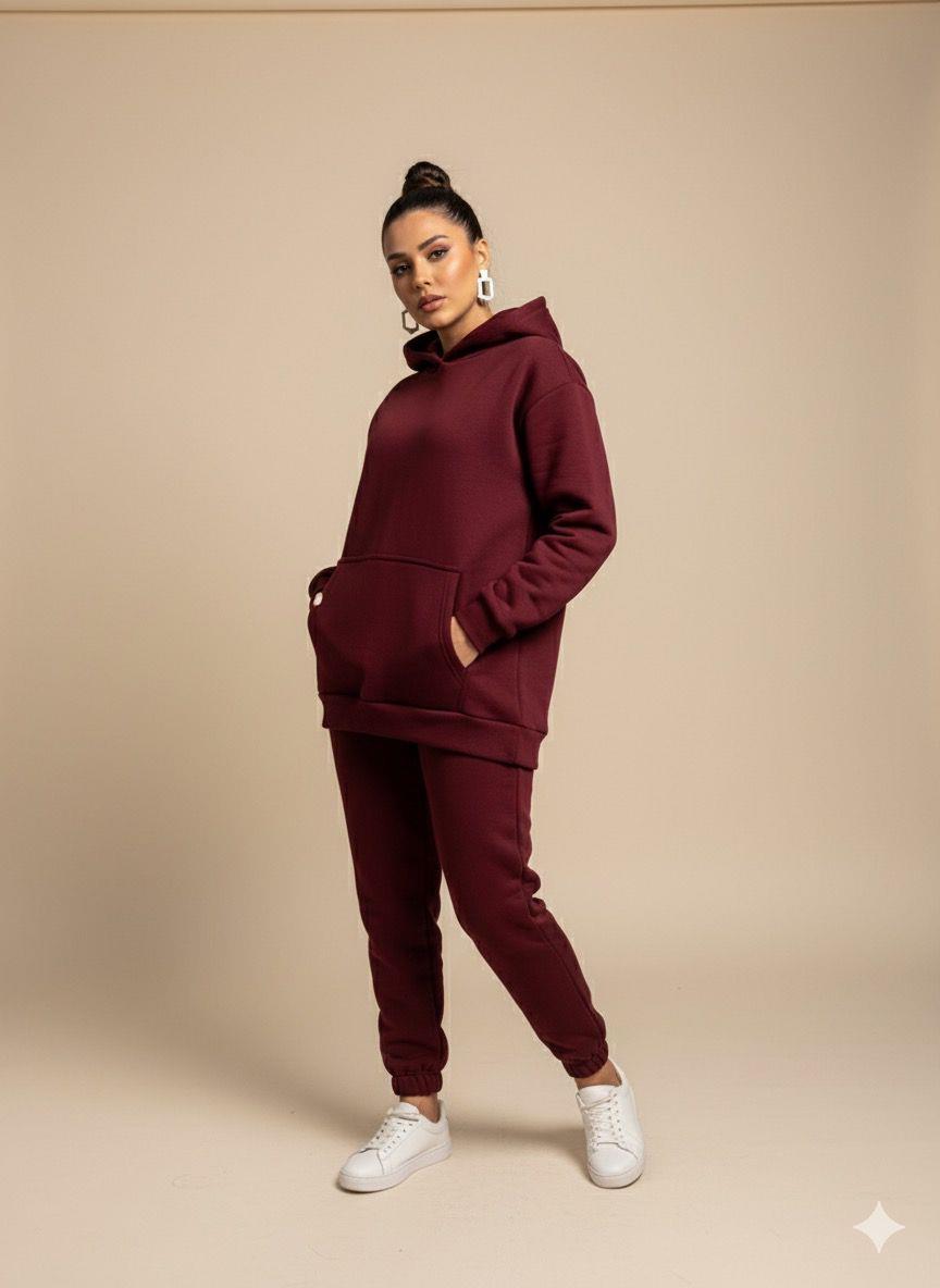 KADIN 3 İPLİK LASTİKLİ KAPÜŞONLU BORDO EŞOFMAN TAKIMI
