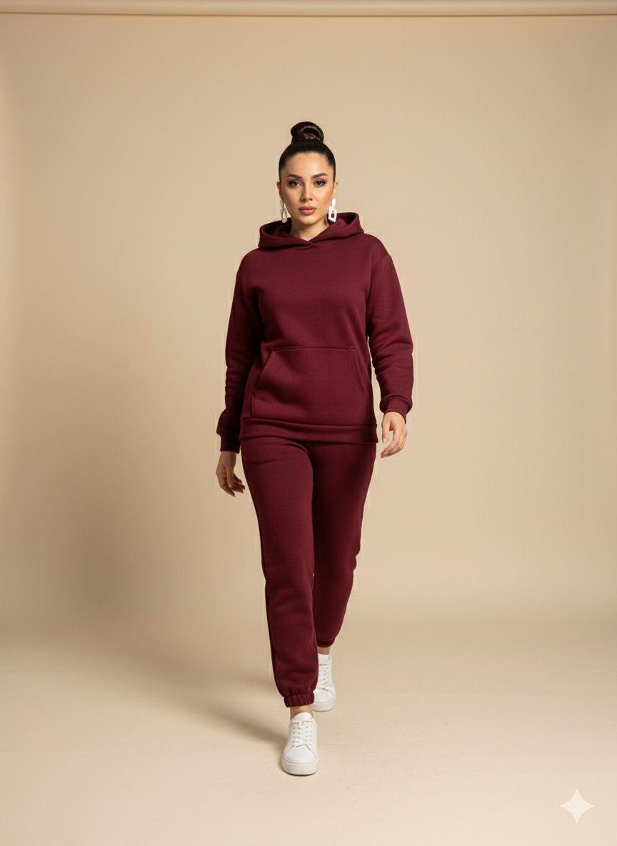 KADIN 3 İPLİK LASTİKLİ KAPÜŞONLU BORDO EŞOFMAN TAKIMI