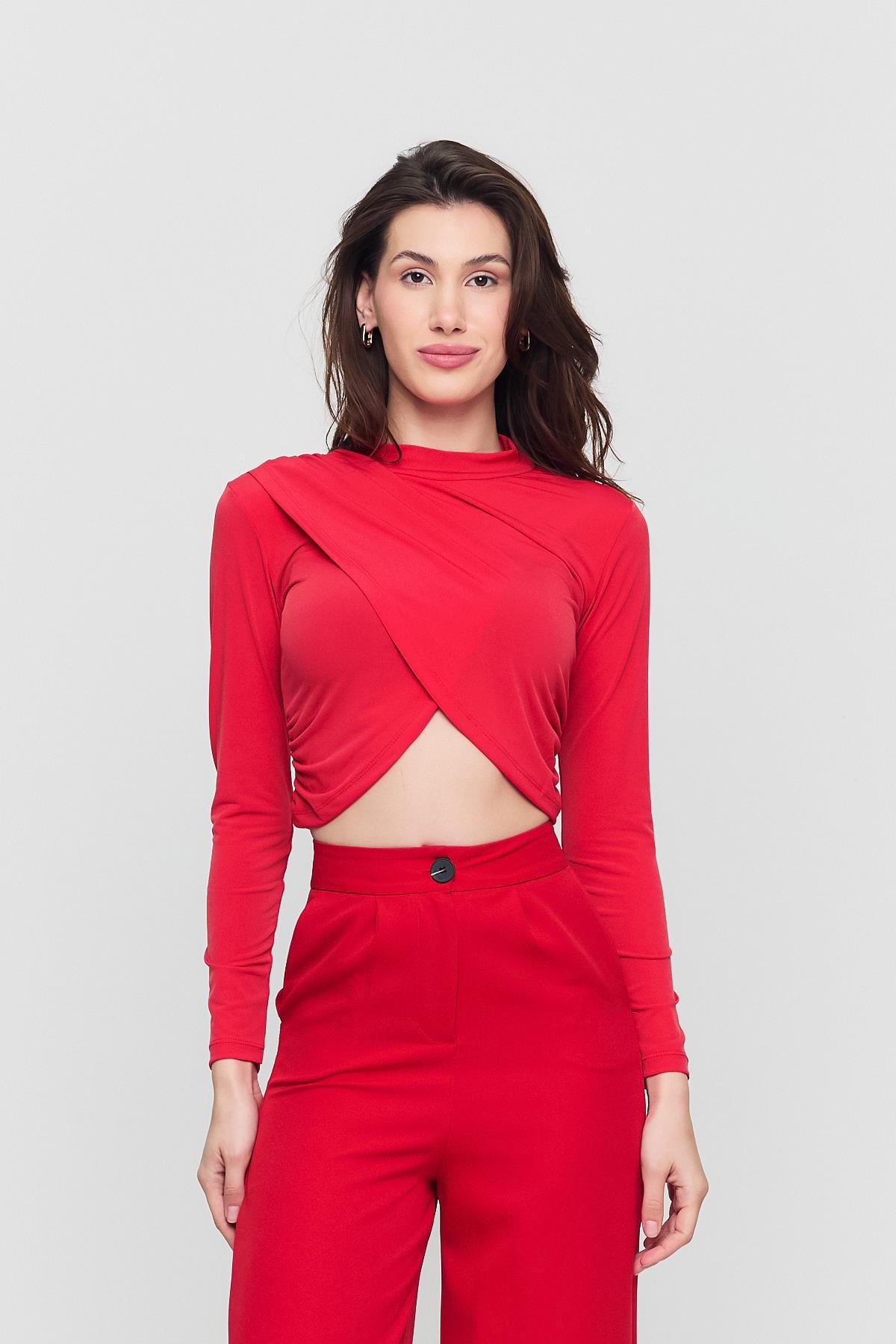 Kadın Kırmızı Verev Crop Bluz
