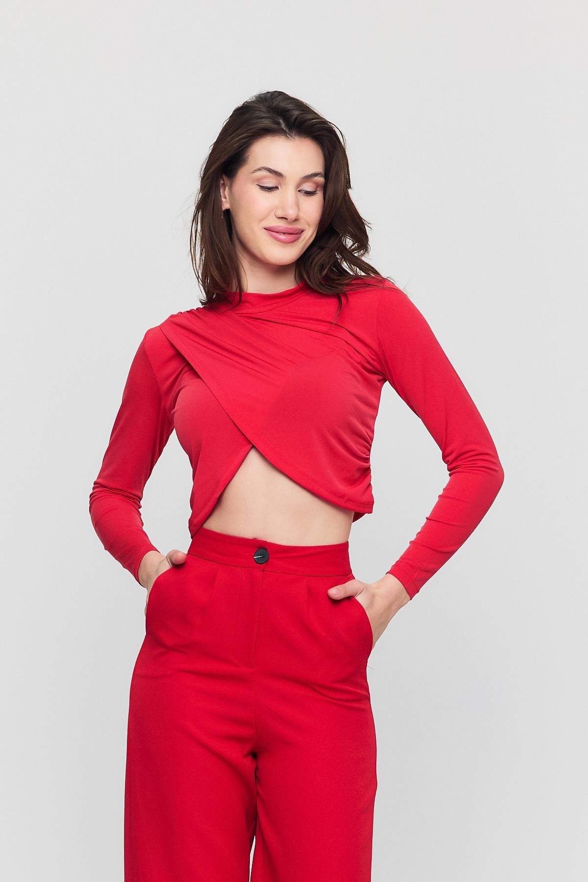 Kadın Kırmızı Verev Crop Bluz