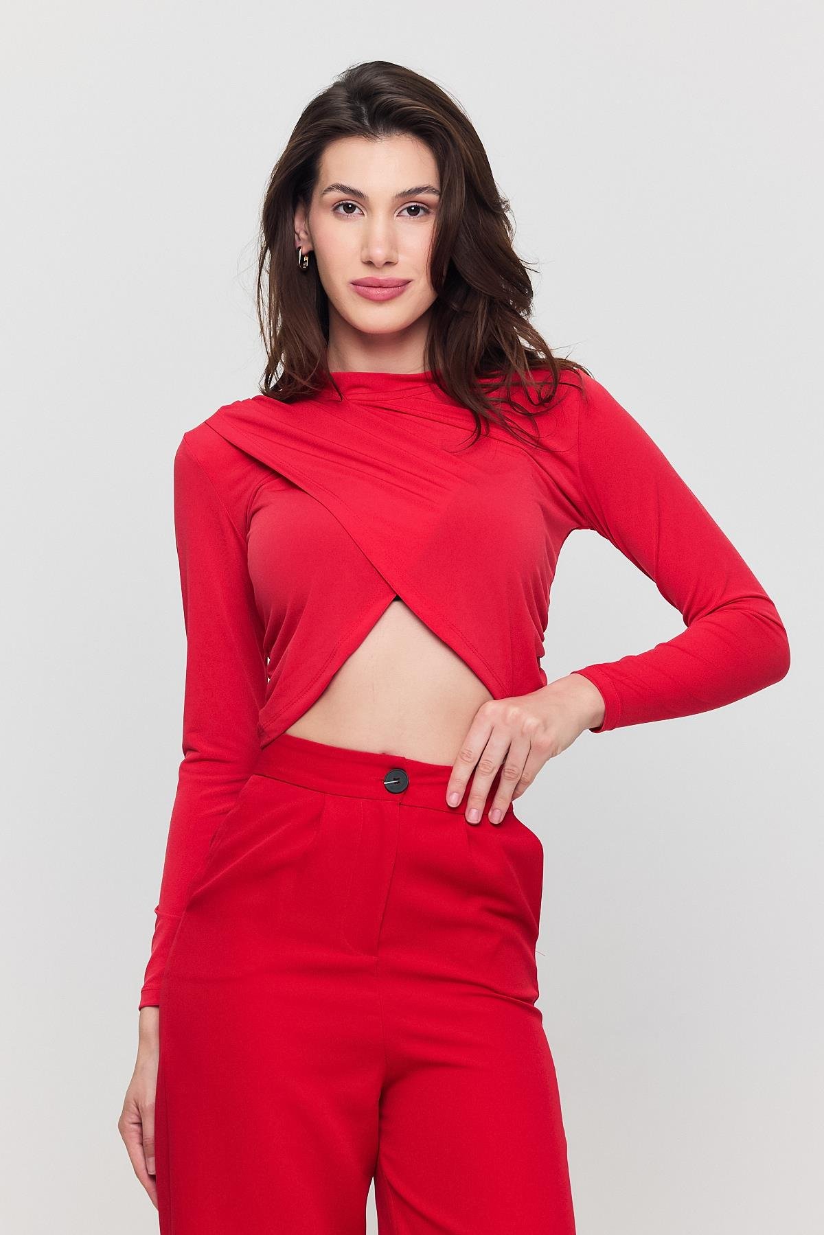 Kadın Kırmızı Verev Crop Bluz
