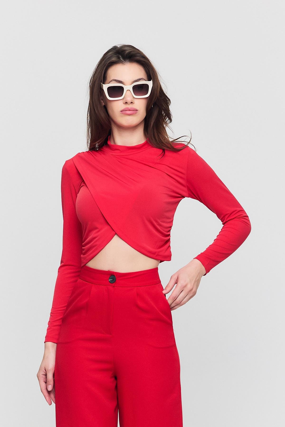 Kadın Kırmızı Verev Crop Bluz