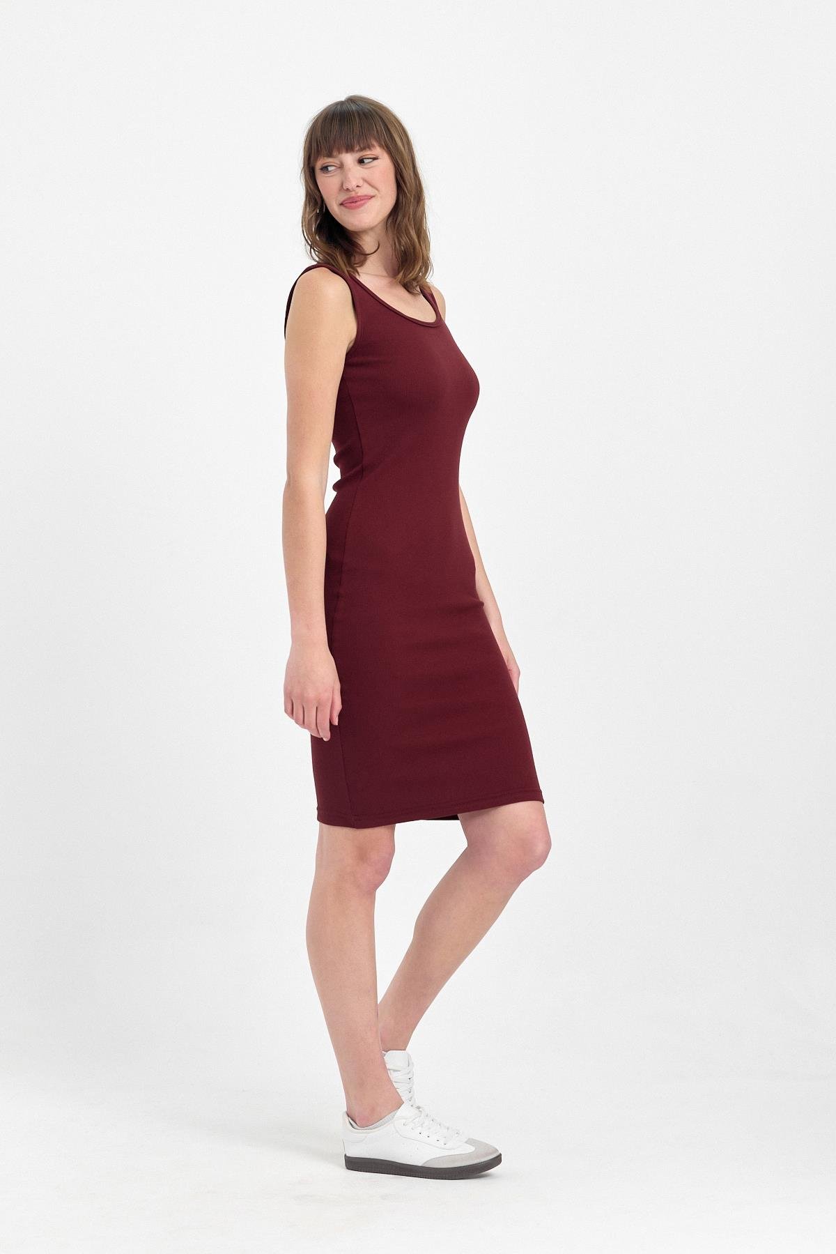 Kadın Mini Bodycon Kolsuz Bordo Elbise