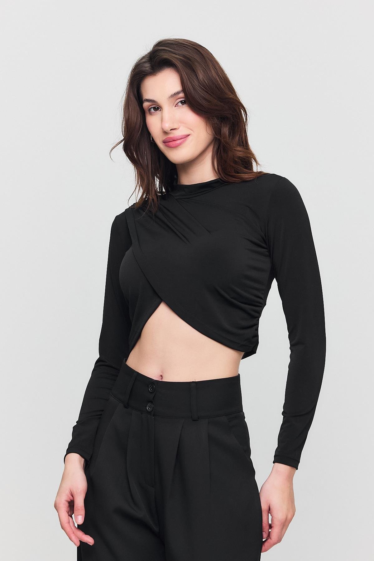 Kadın Siyah Crop Verev Bluz