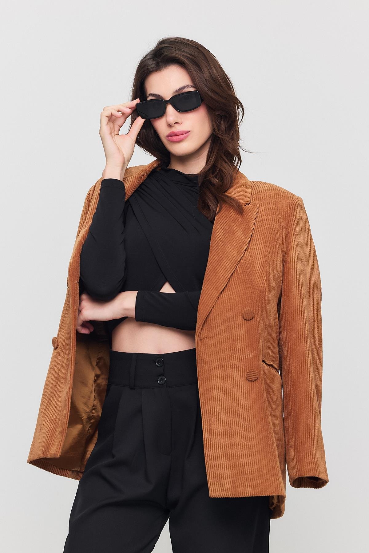 Kadın Siyah Crop Verev Bluz
