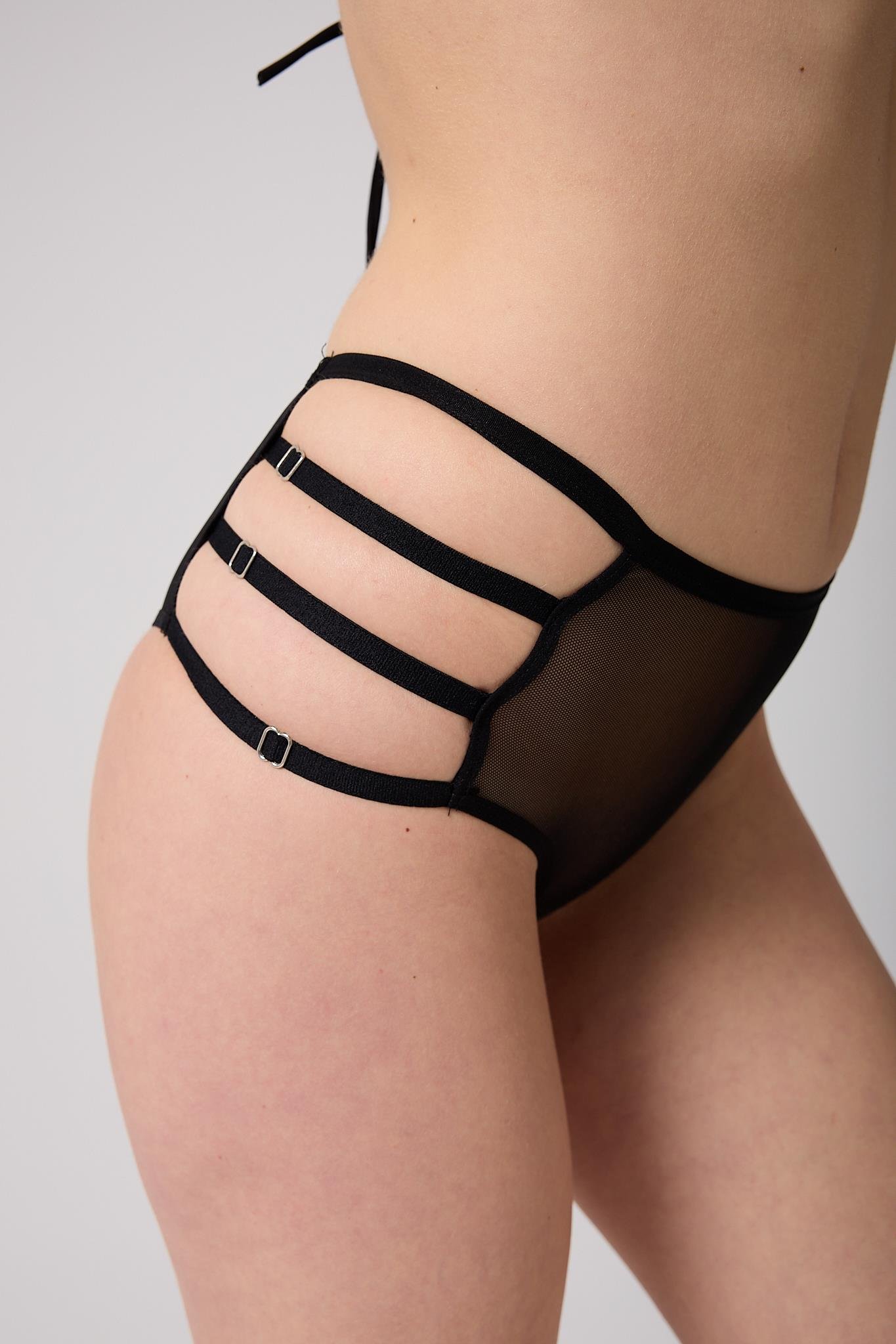 Kadın Tül Transparan Lastik Detaylı Yüksek Bel Siyah Bikini Külot