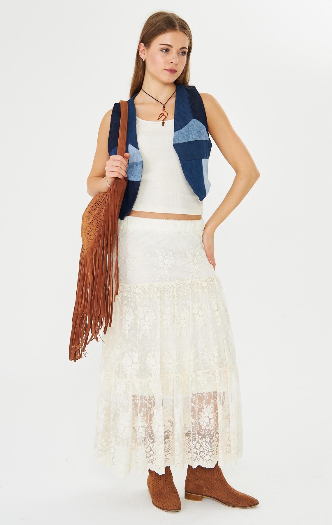 Denim Yelek Mavi Patchwork