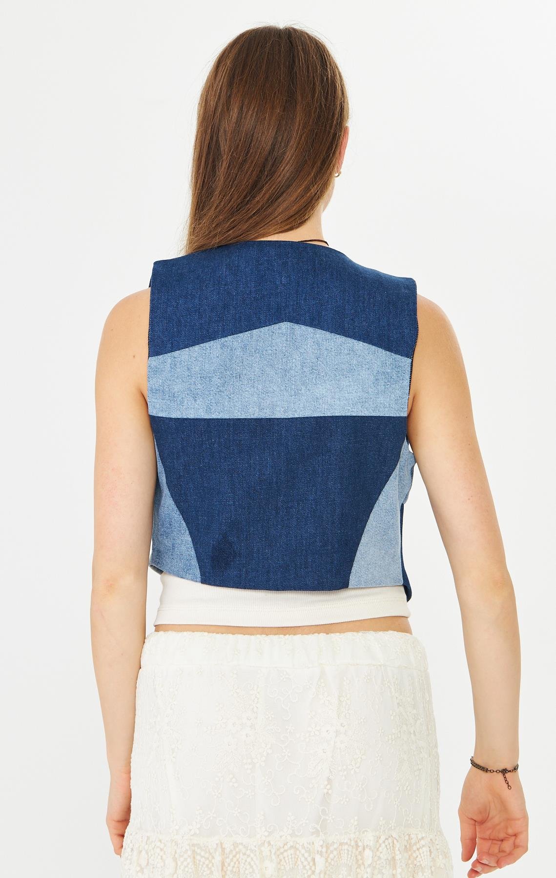Denim Yelek Mavi Patchwork