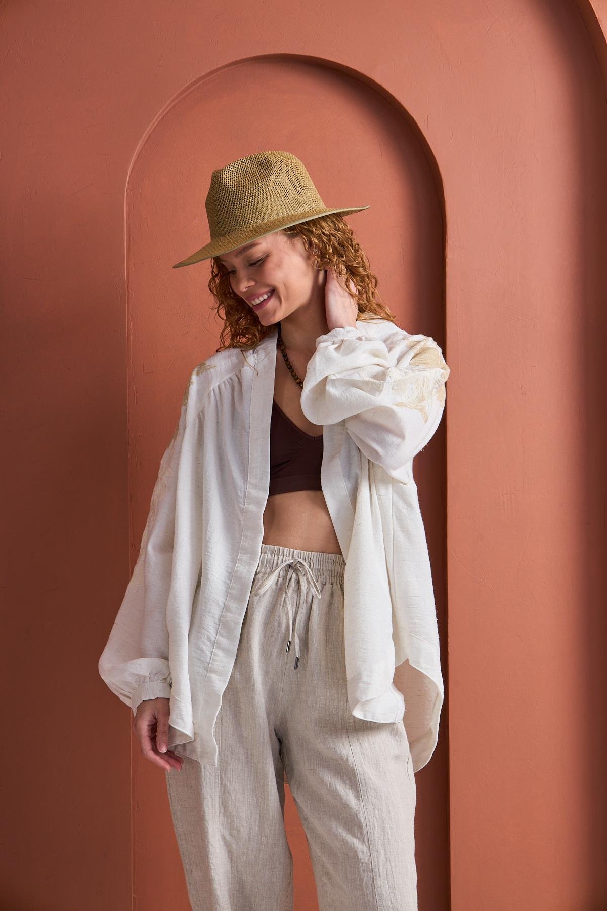 Keten Karışımlı Nakışlı Oversize Kimono