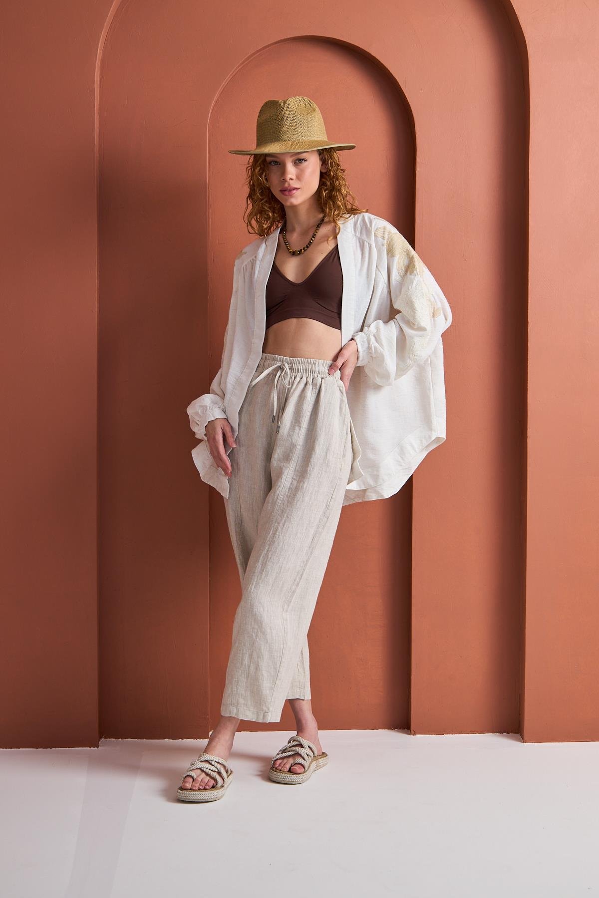 Keten Karışımlı Nakışlı Oversize Kimono