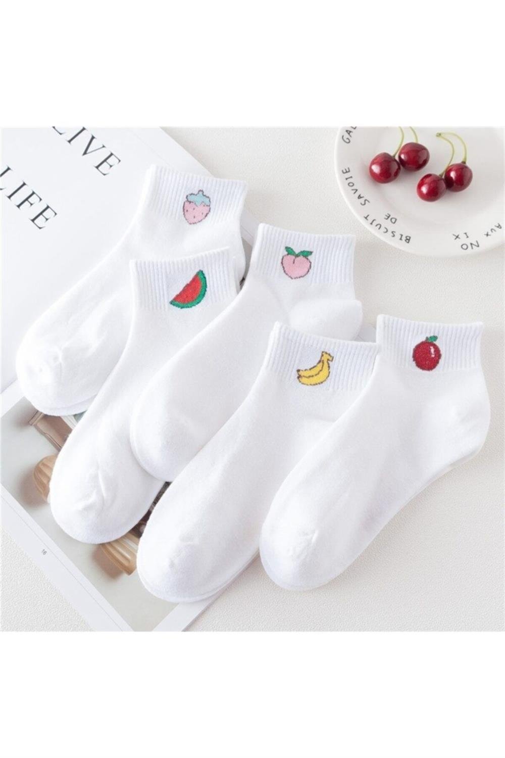 STND Kadın Beyaz Meyve Desenli Çorap 5 Li Klasik