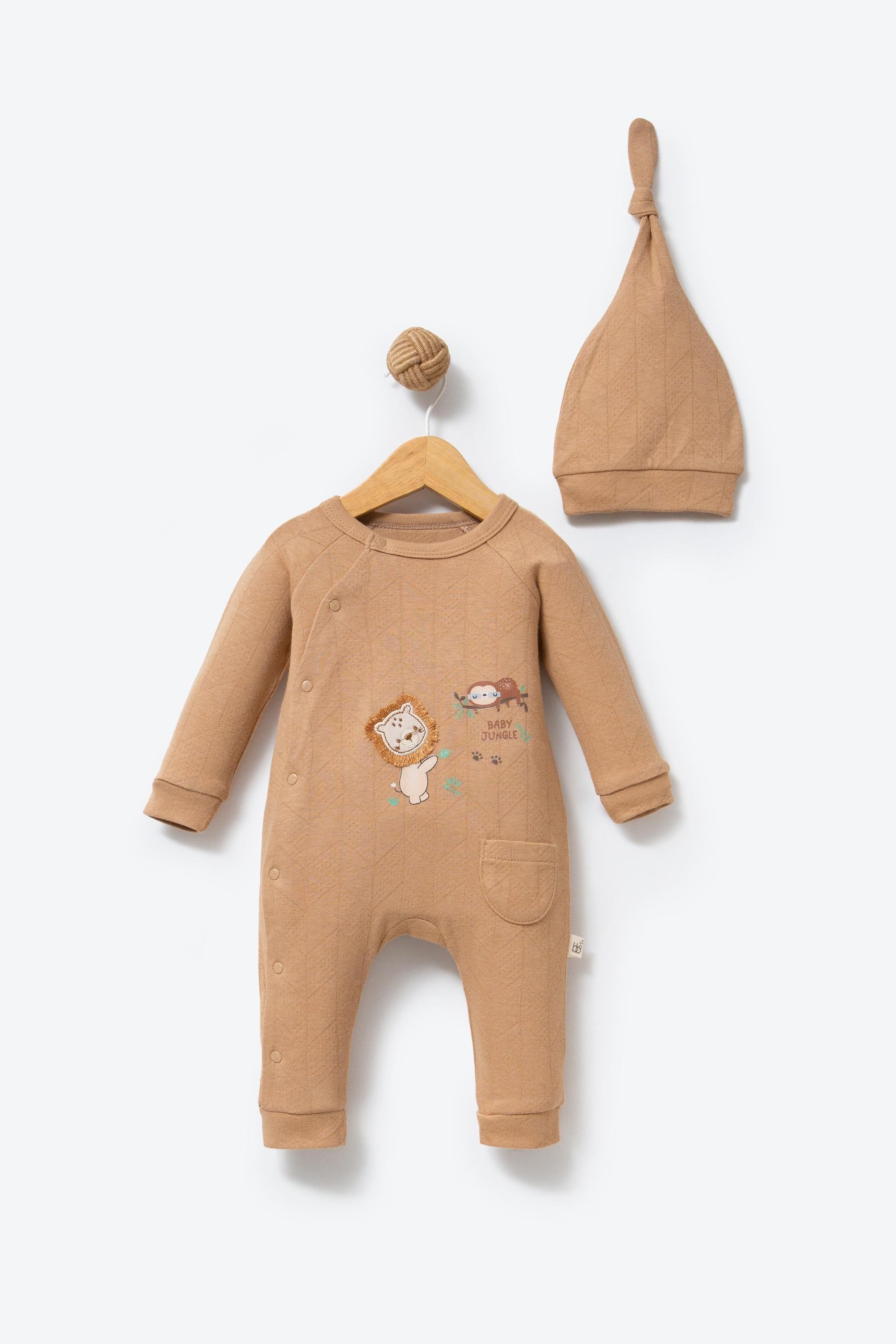 %100 Organik Pamuk Kumaş Baby Jungle Nakışlı Patiksiz Bebek Tulum