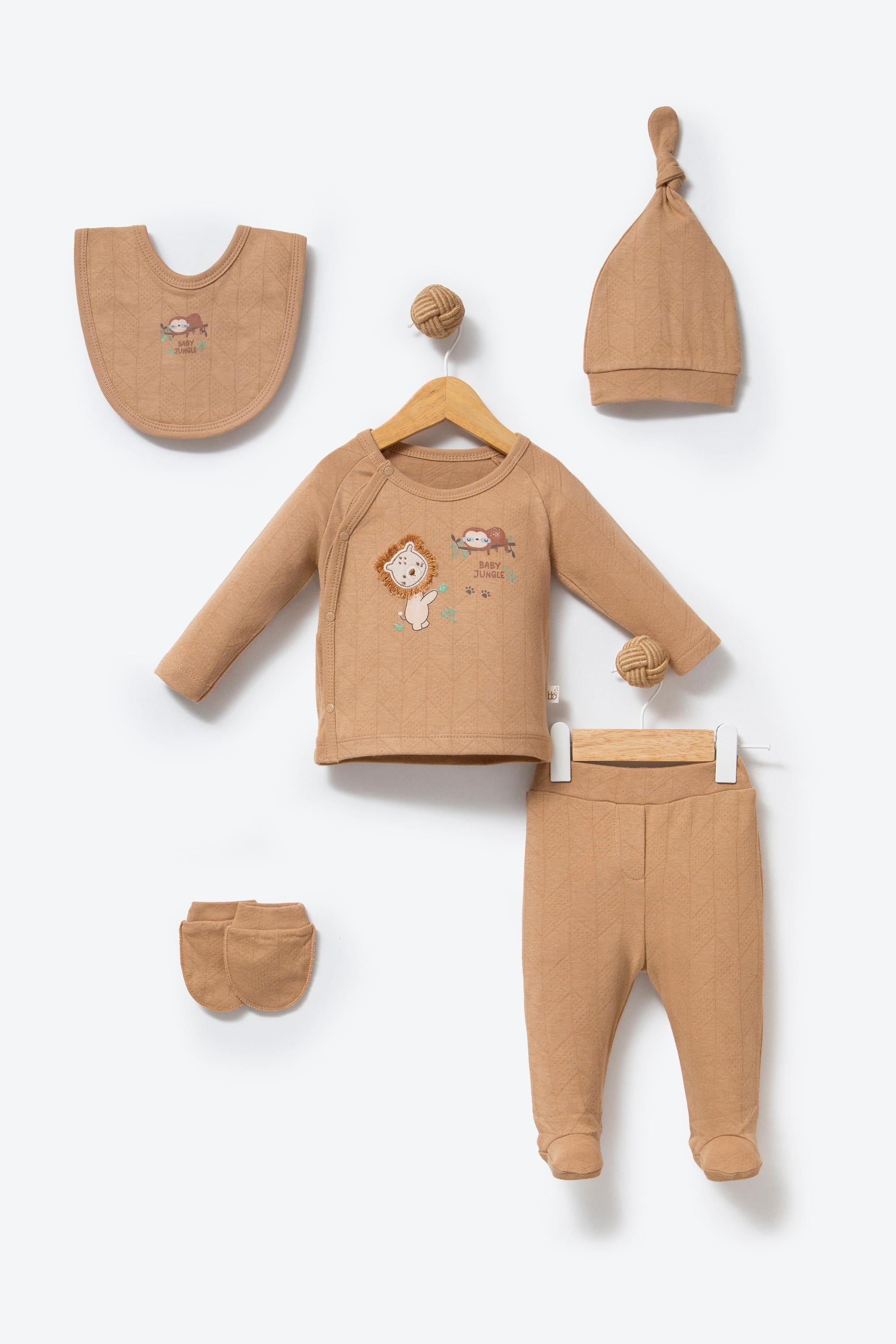 %100 Organik Pamuk Kumaş Baby Jungle Nakışlı 5 Parça Yenidoğan Hastane Çıkış Seti