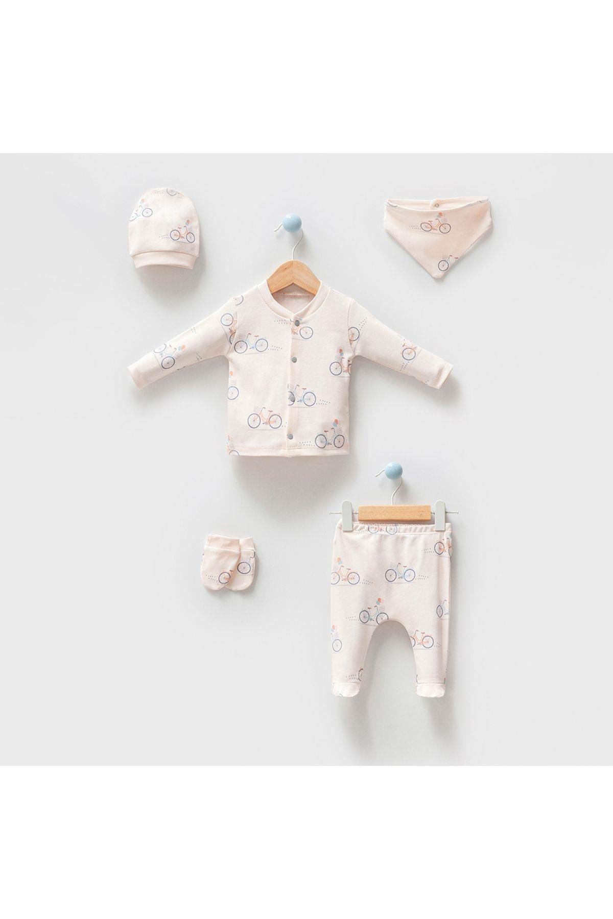 Unisex Bebek Bisikletli Natural 5li Hastane Çıkışı Zıbın Seti