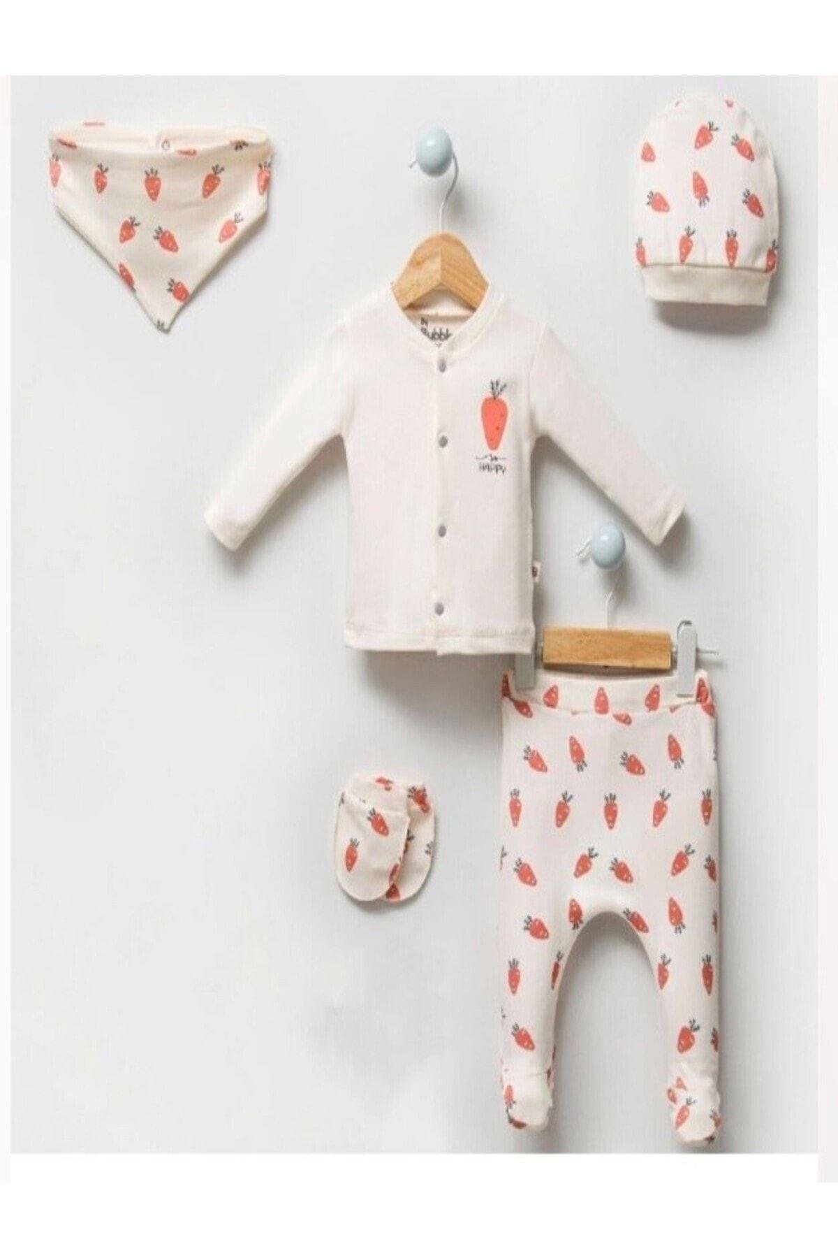 Unisex Bebek Havuç Desenli Natural 5li Hastane Çıkışı Zıbın Seti
