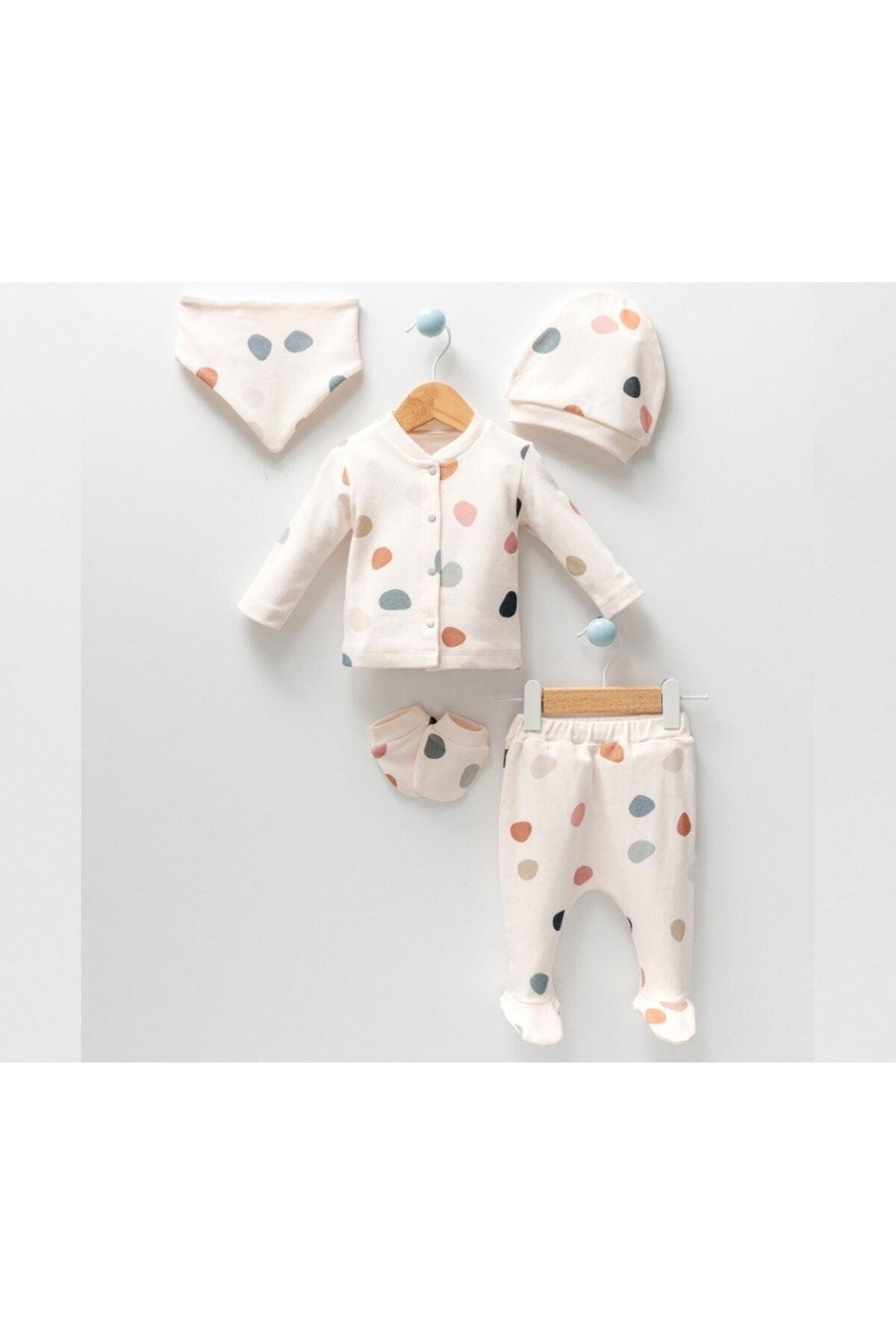 Unisex Bebek Puanlı Desenli Natural 5li Hastane Çıkışı Zıbın Seti