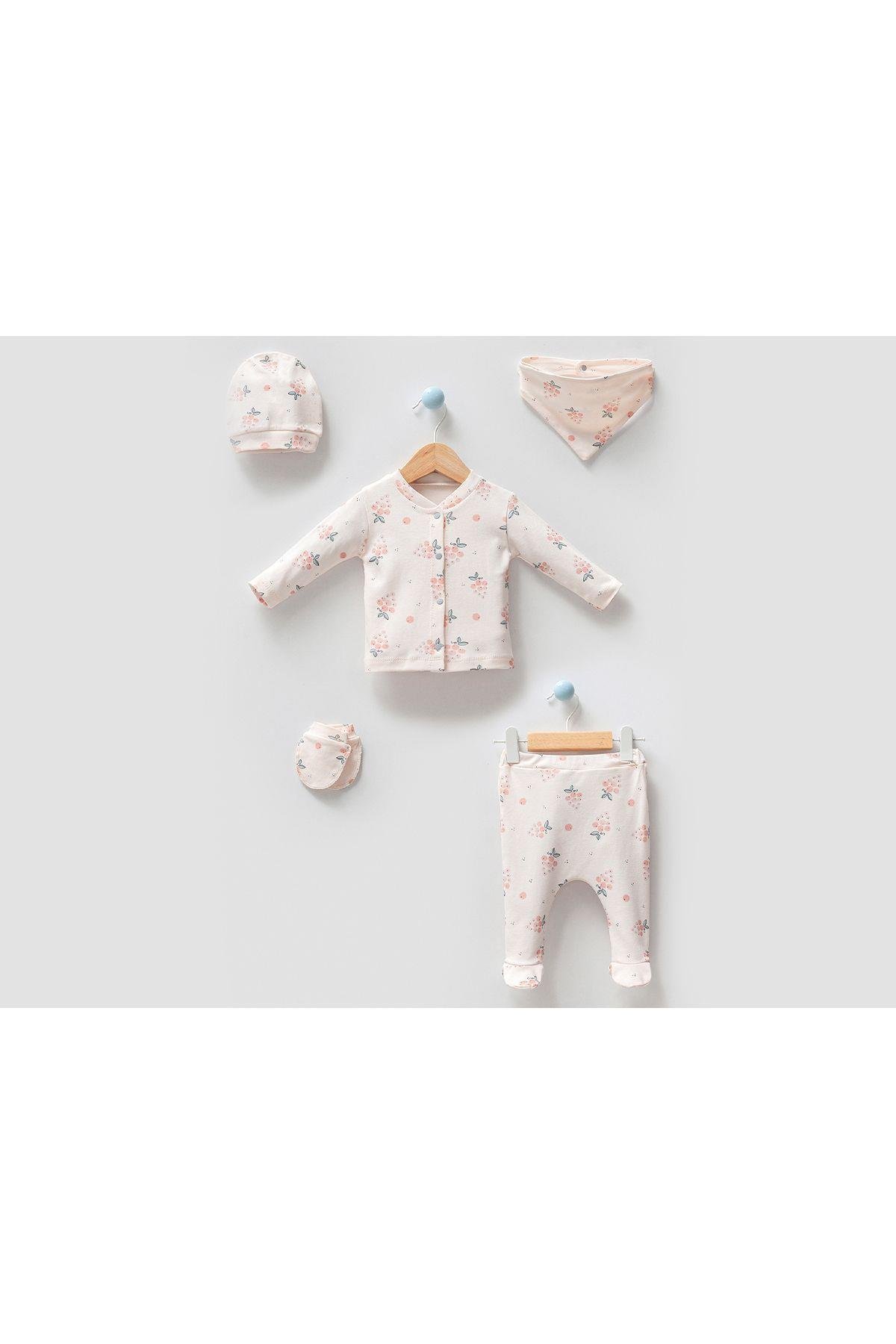 Unisex Bebek Üzüm Desenli Natural 5li Hastane Çıkışı Zıbın Seti