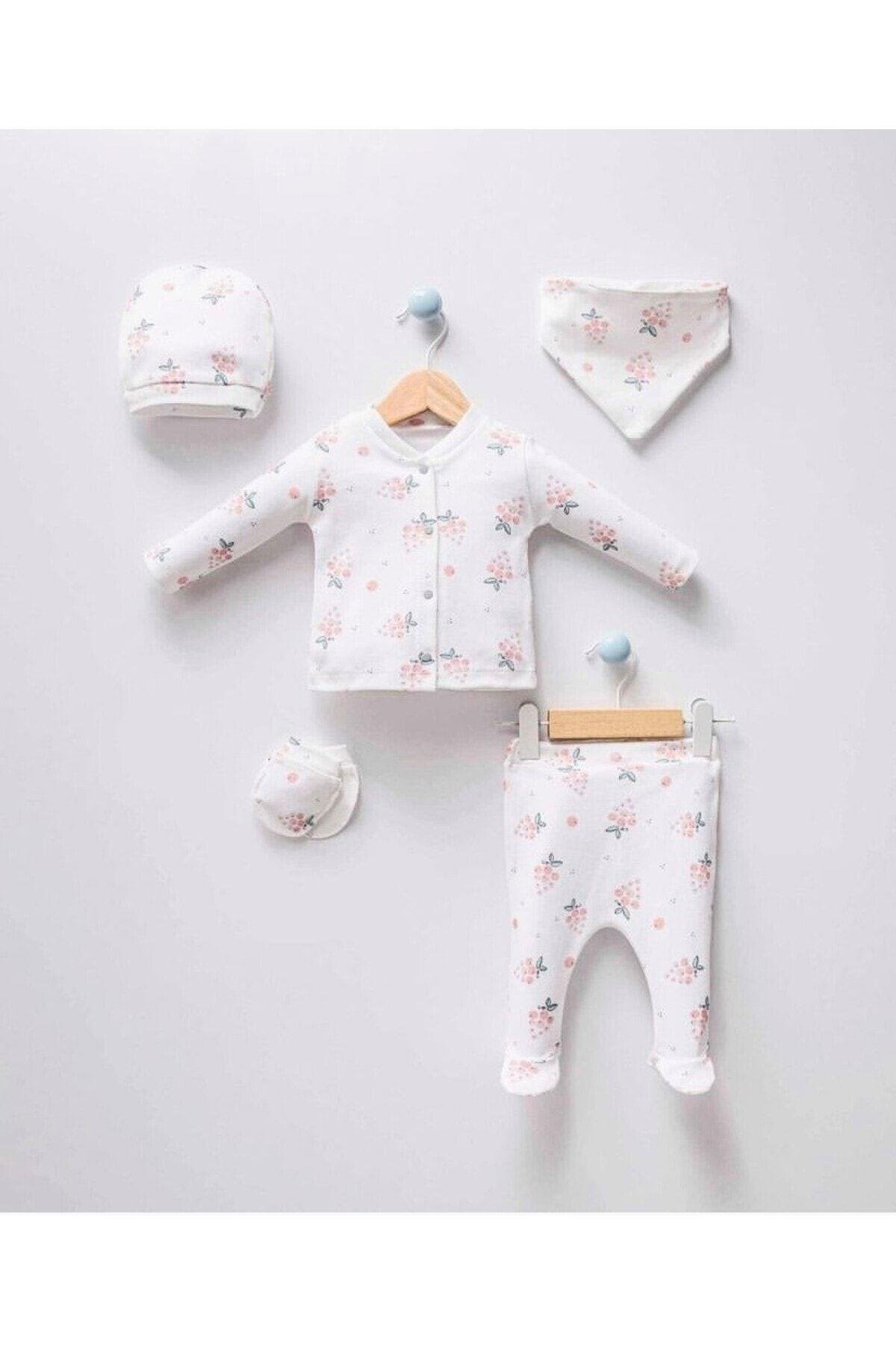 Unisex Bebek Üzüm Desenli Natural 5li Hastane Çıkışı Zıbın Seti