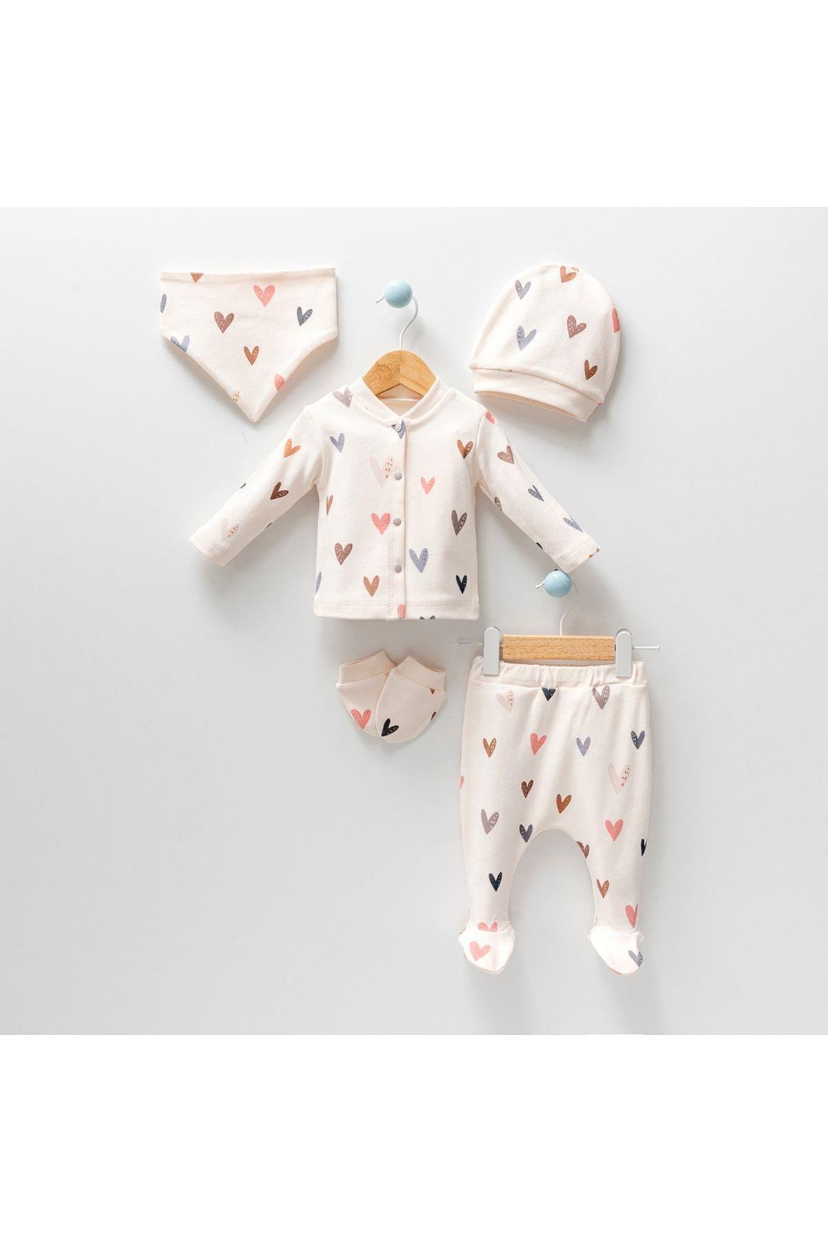 Unisex Bebek Üzüm Desenli Natural 5li Hastane Çıkışı Zıbın Seti