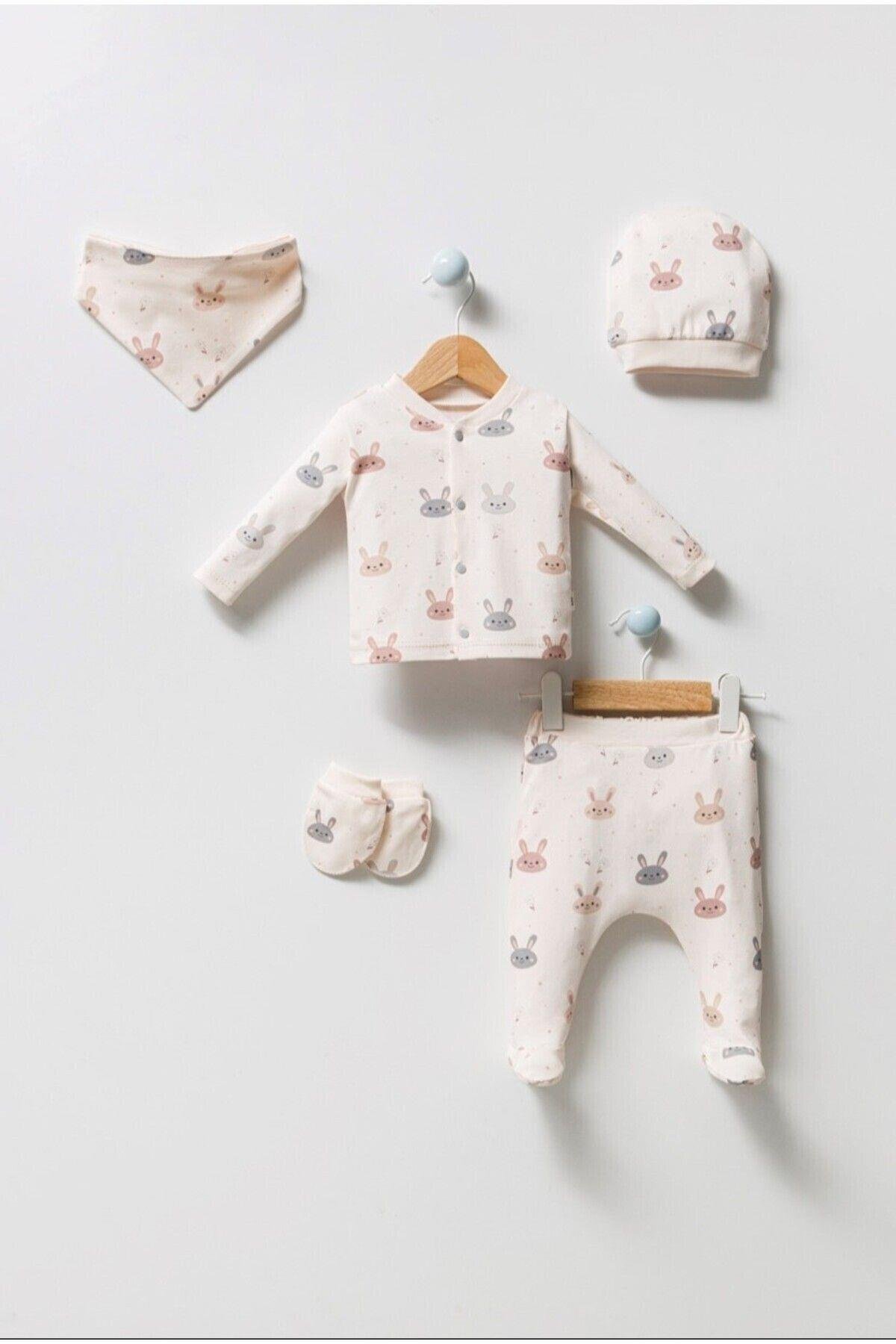 Unisex Sevimli Tavşan Desenli Natural 5li Hastane Çıkışı Zıbın Seti