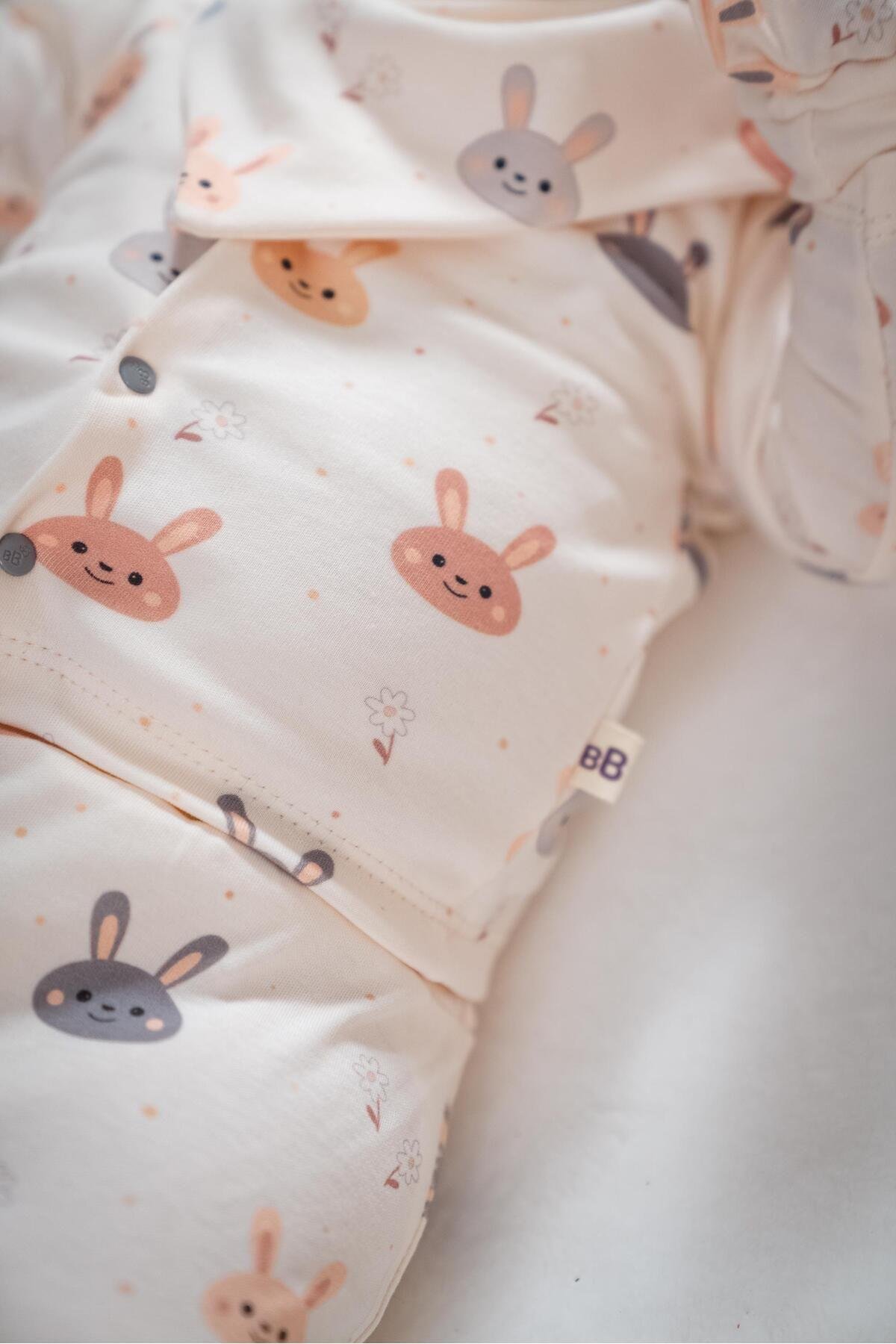 Unisex Sevimli Tavşan Desenli Natural 5li Hastane Çıkışı Zıbın Seti