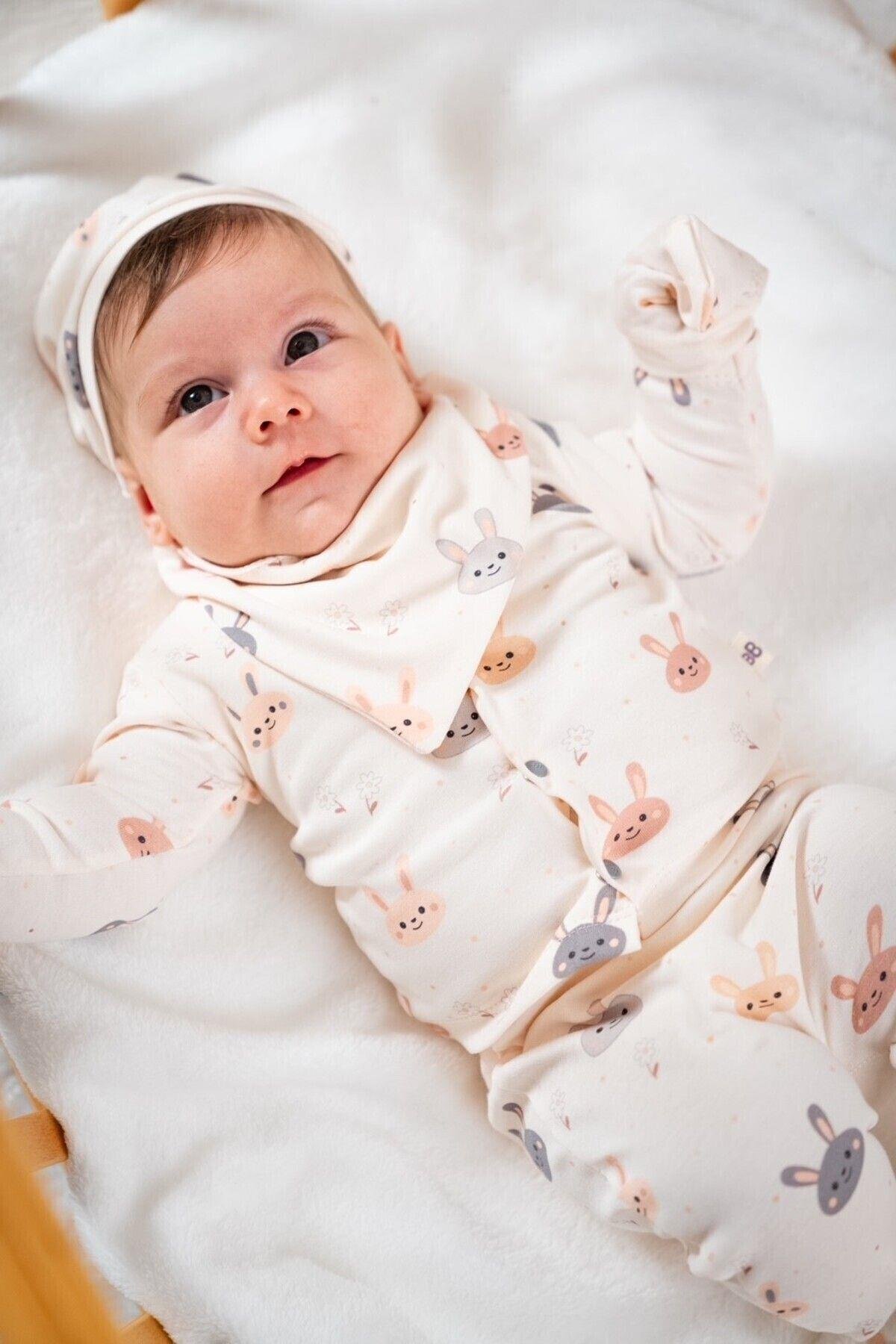 Unisex Sevimli Tavşan Desenli Natural 5li Hastane Çıkışı Zıbın Seti