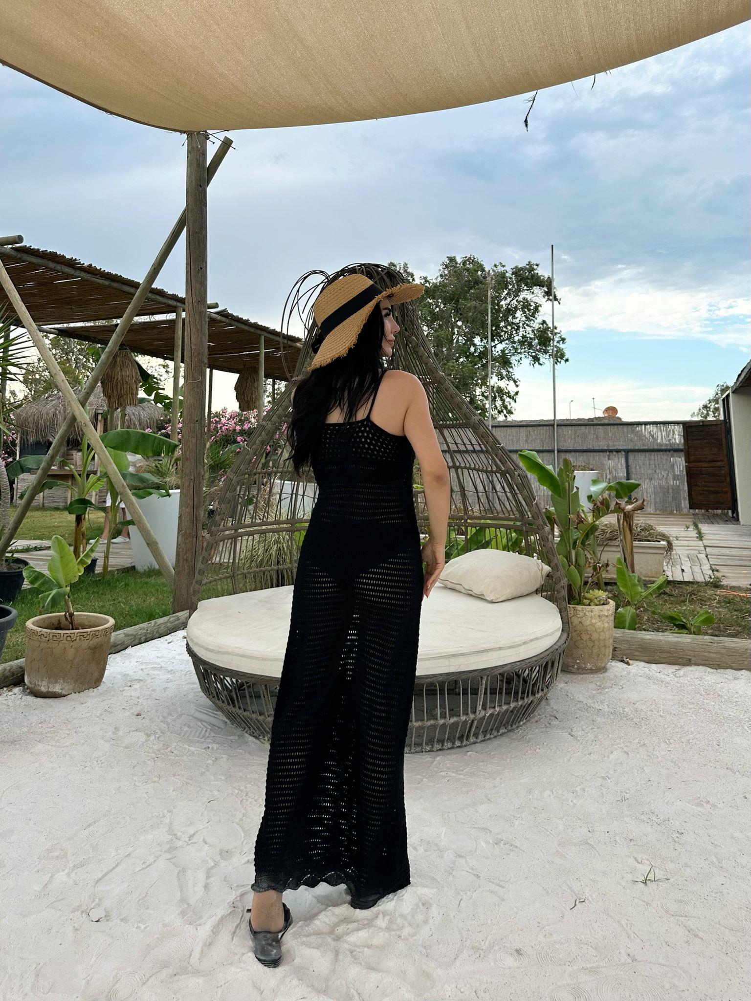 Ajurlu Triko Plaj Elbisesi Siyah