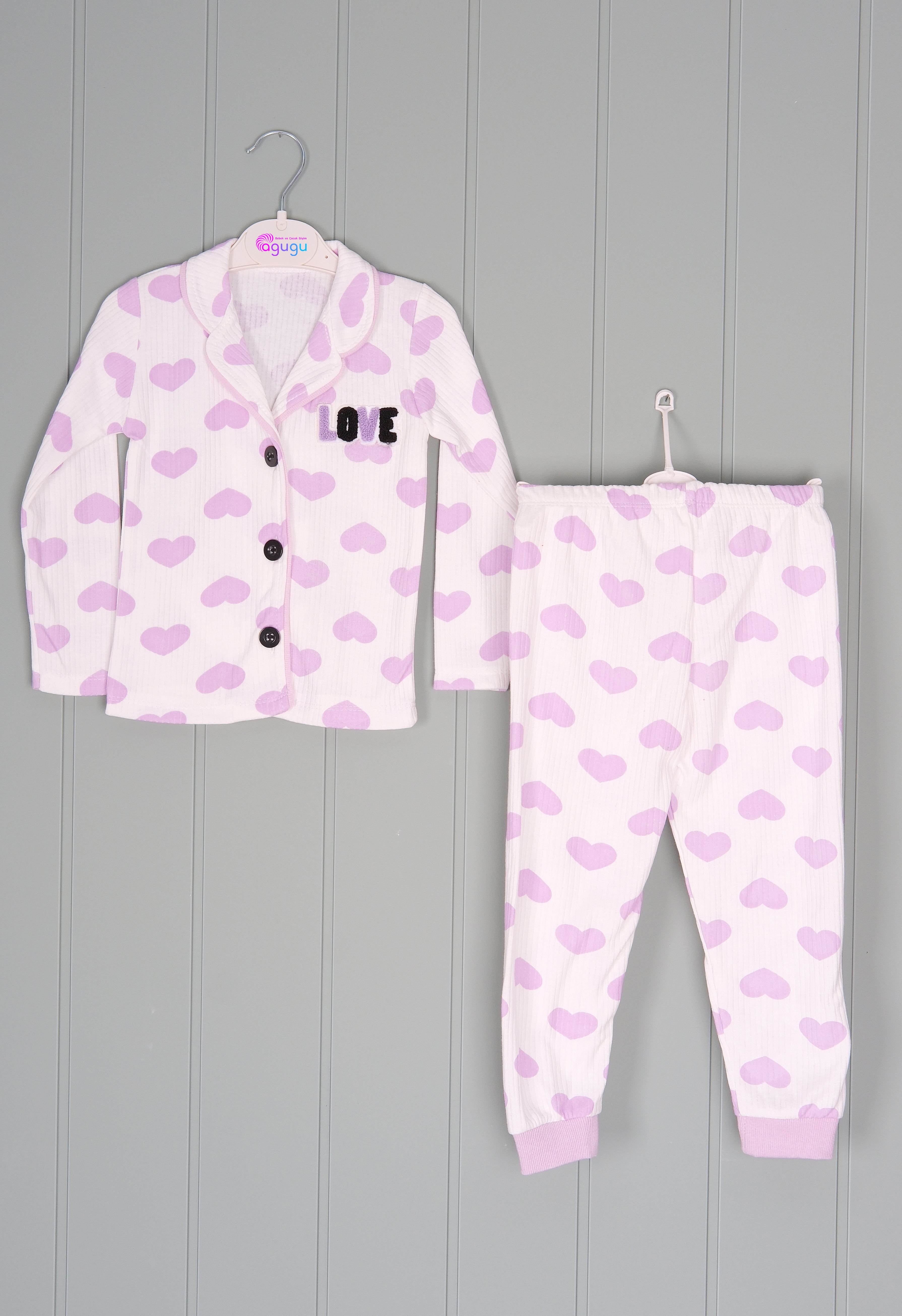 450455 Kalpli Love Pijama Takım Mor Kalp Desenli
