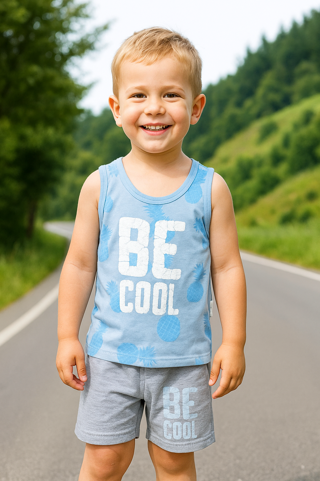 Be Cool Baskılı Askılı Şortlu Erkek Bebek Takımı Mavi