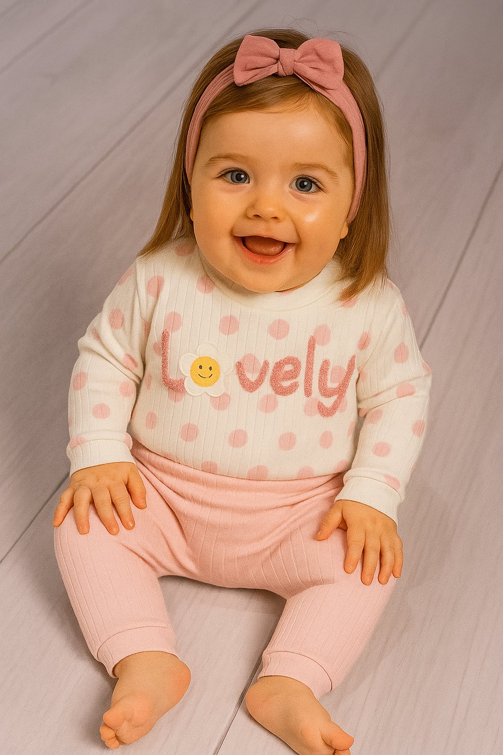 Puantiyeli “Lovely” Yazılı Kız Bebek Takımı Toz Pembe