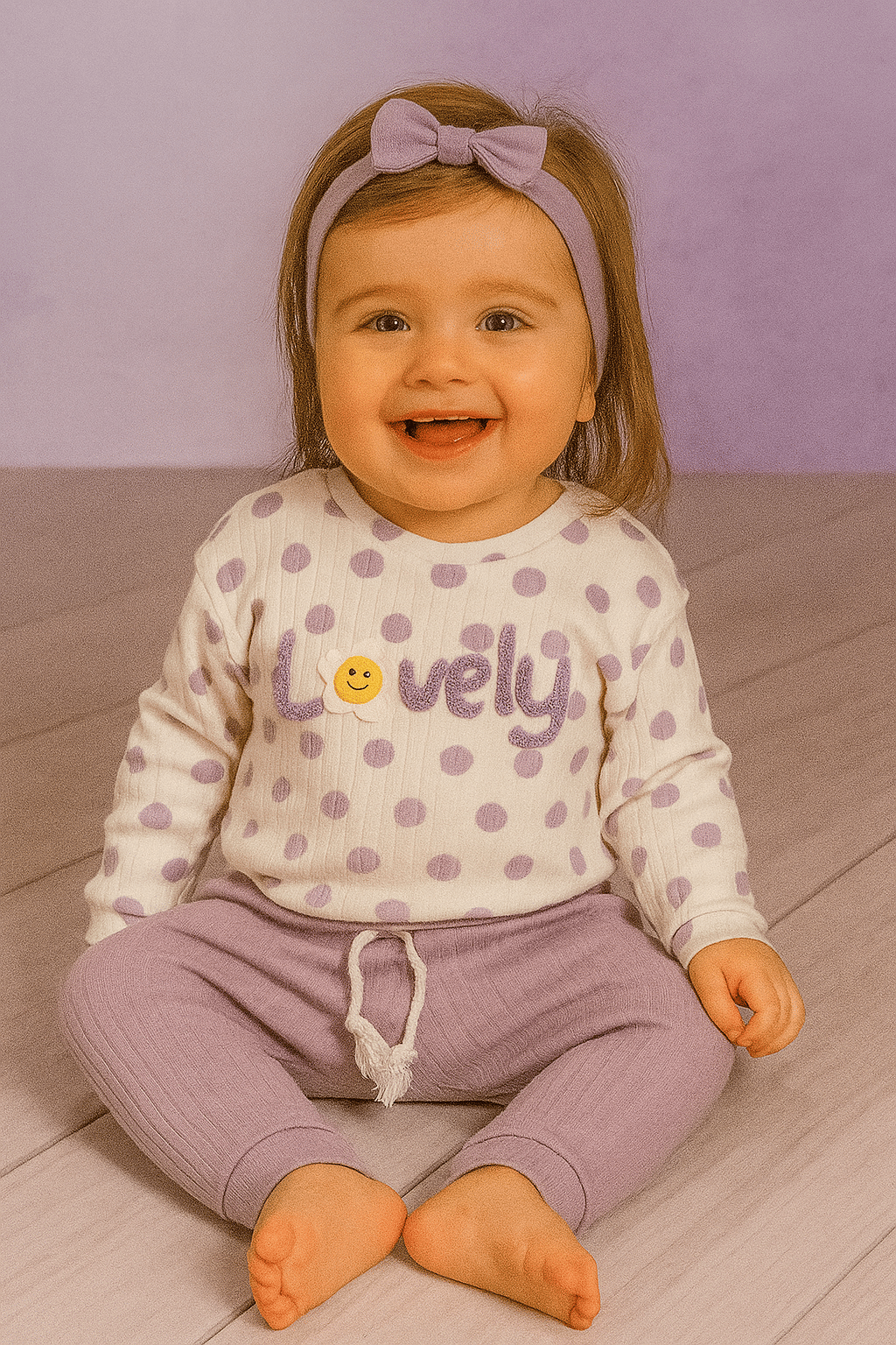 Puantiyeli “Lovely” Yazılı Kız Bebek Takımı Lila