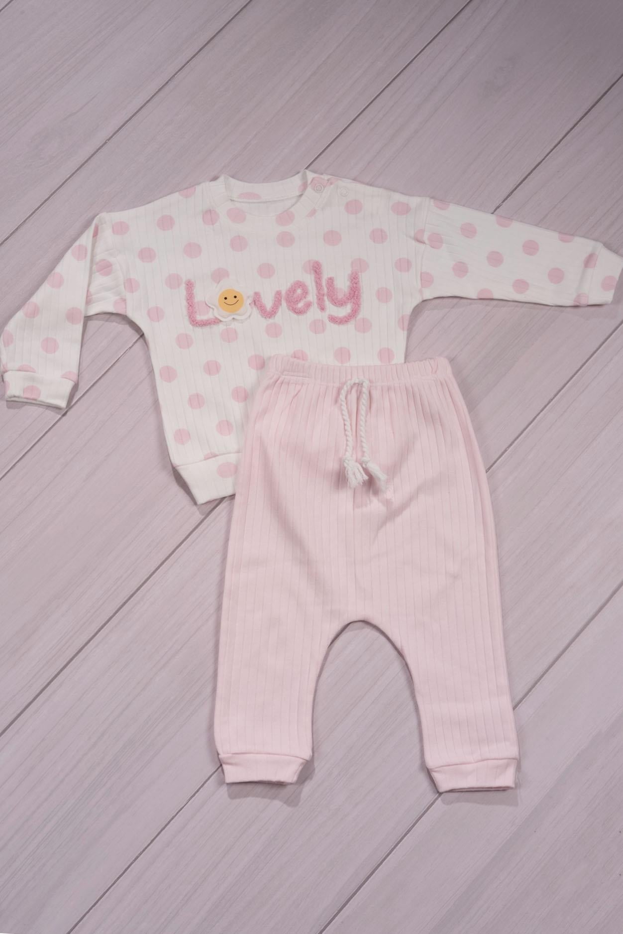 Puantiyeli “Lovely” Yazılı Kız Bebek Takımı Toz Pembe