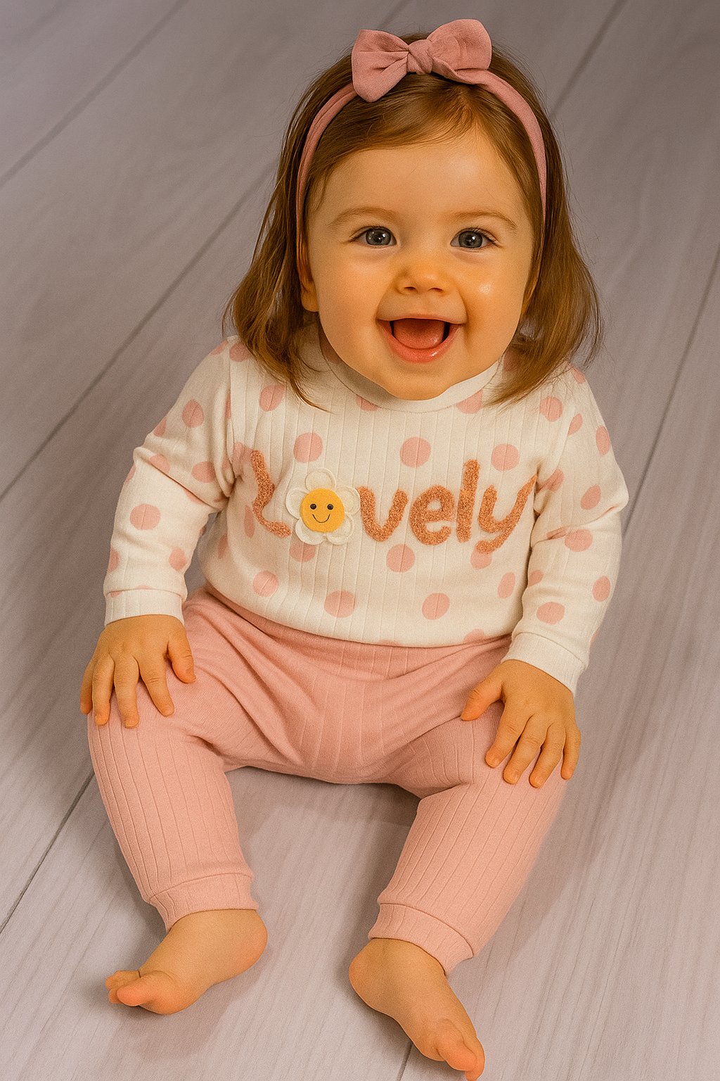 Puantiyeli “Lovely” Yazılı Kız Bebek Takımı Yavruağzı