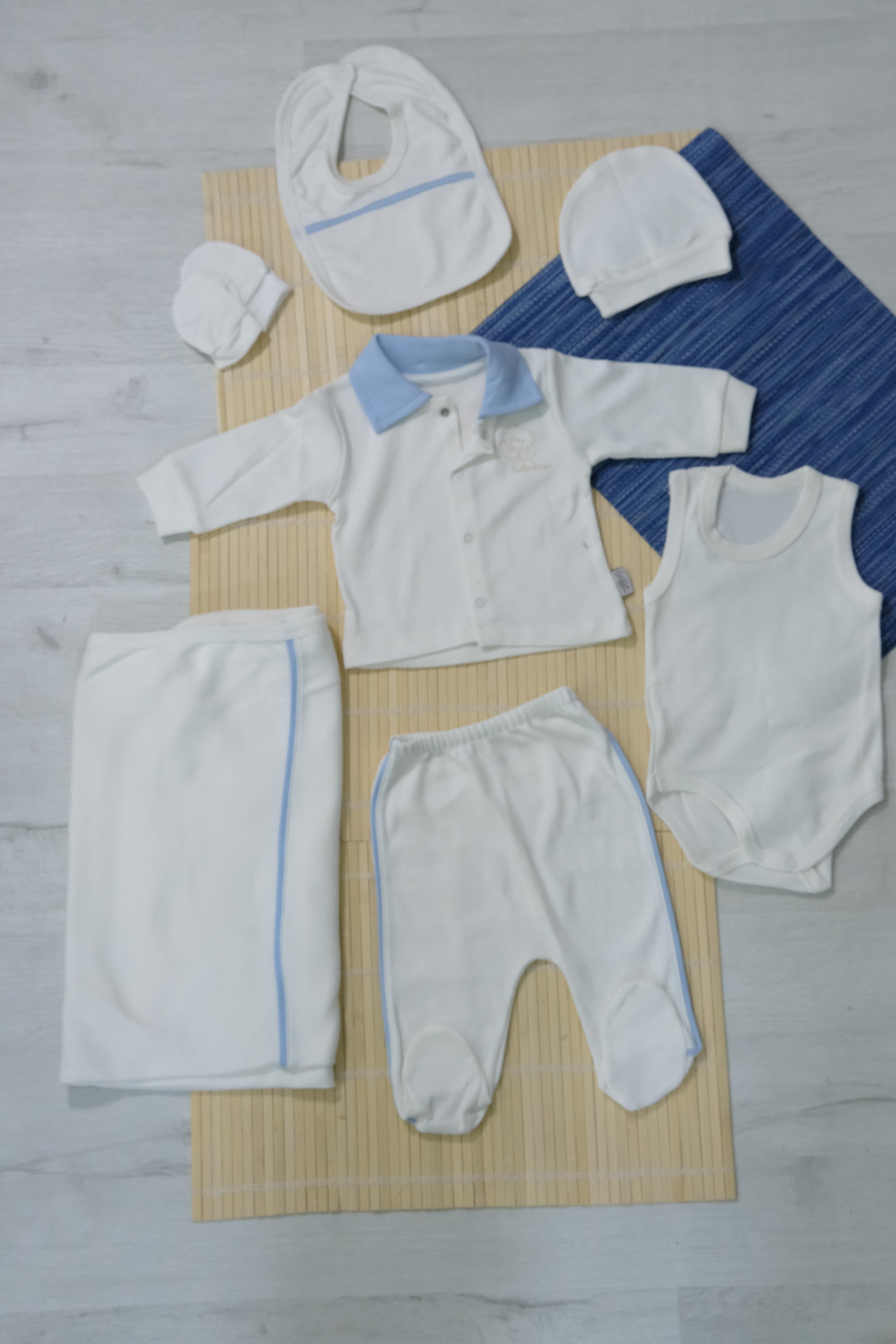 Unisex Ayıcık Desenli Zıbın Çocuk 7'li Takım - Mavi Çizgili Krem
