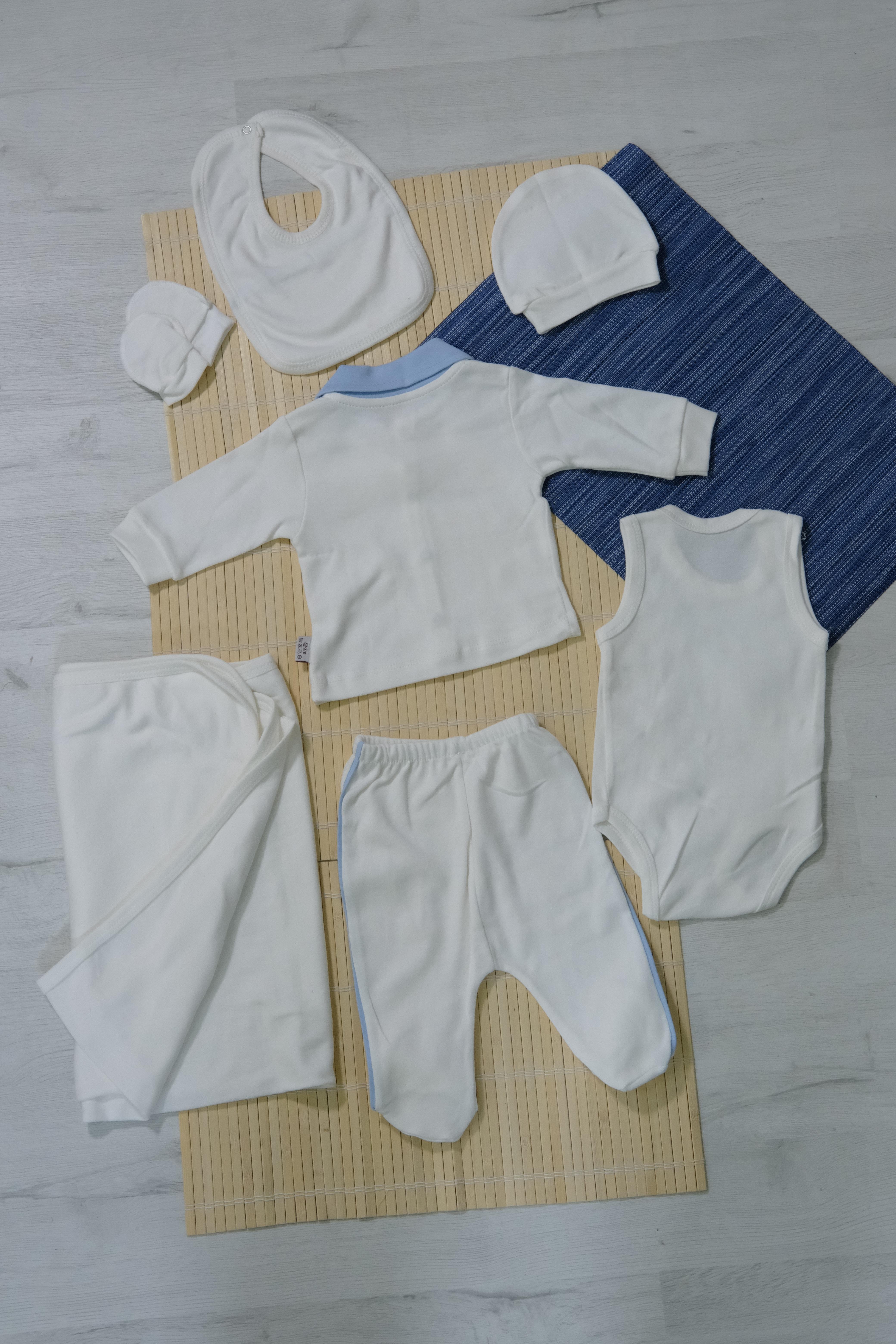 Unisex Ayıcık Desenli Zıbın Çocuk 7'li Takım - Mavi Çizgili Krem