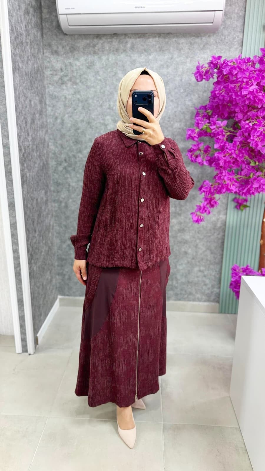 5455 Fatma Danışman Bürümcük Kumaş Arkası Ve Tuniği Fermuarlı Etekli Takım
