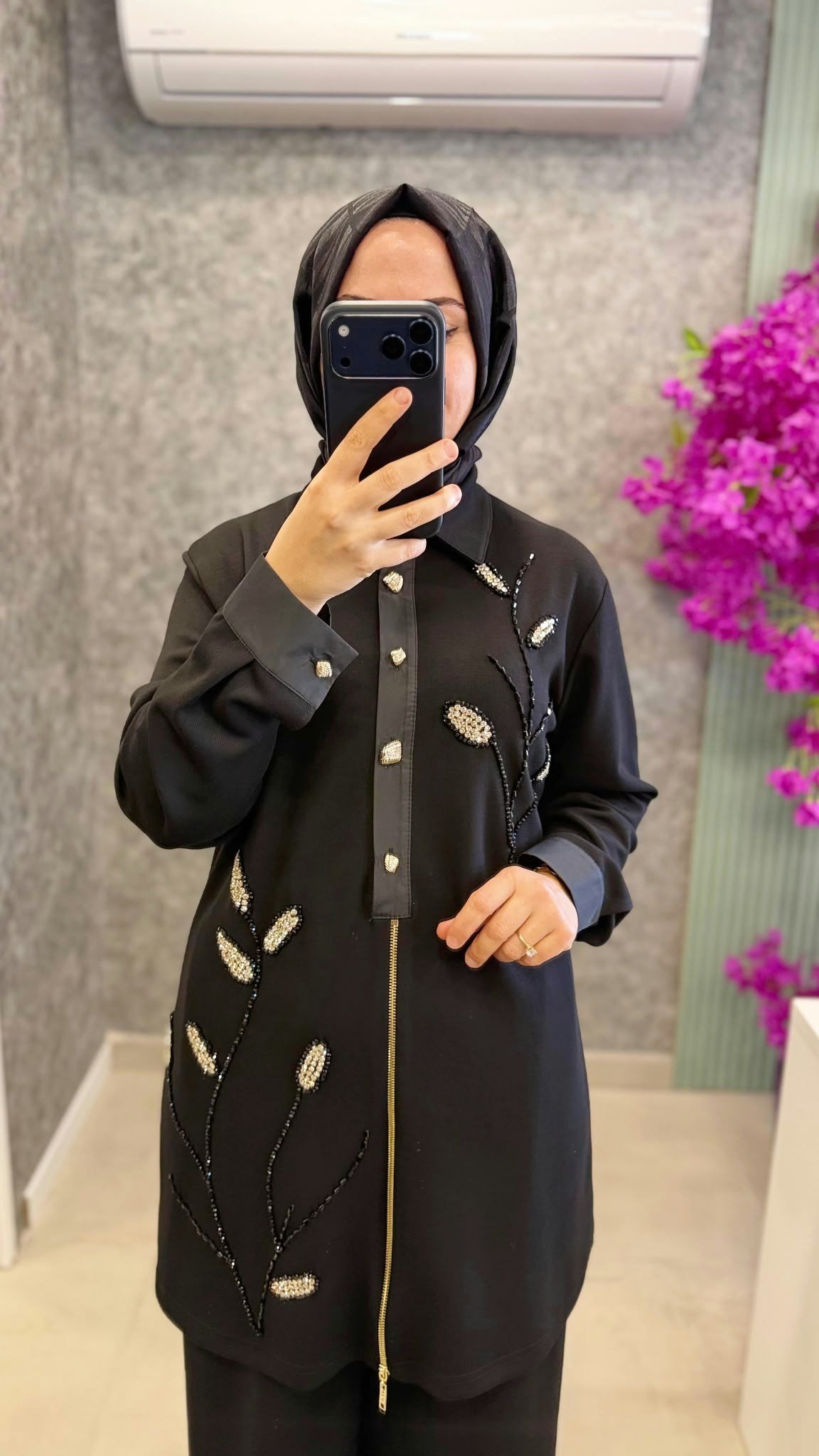 MEVA PLUS Tasli yaprak desenli  tunik pantolon takim 340TP SIYAH