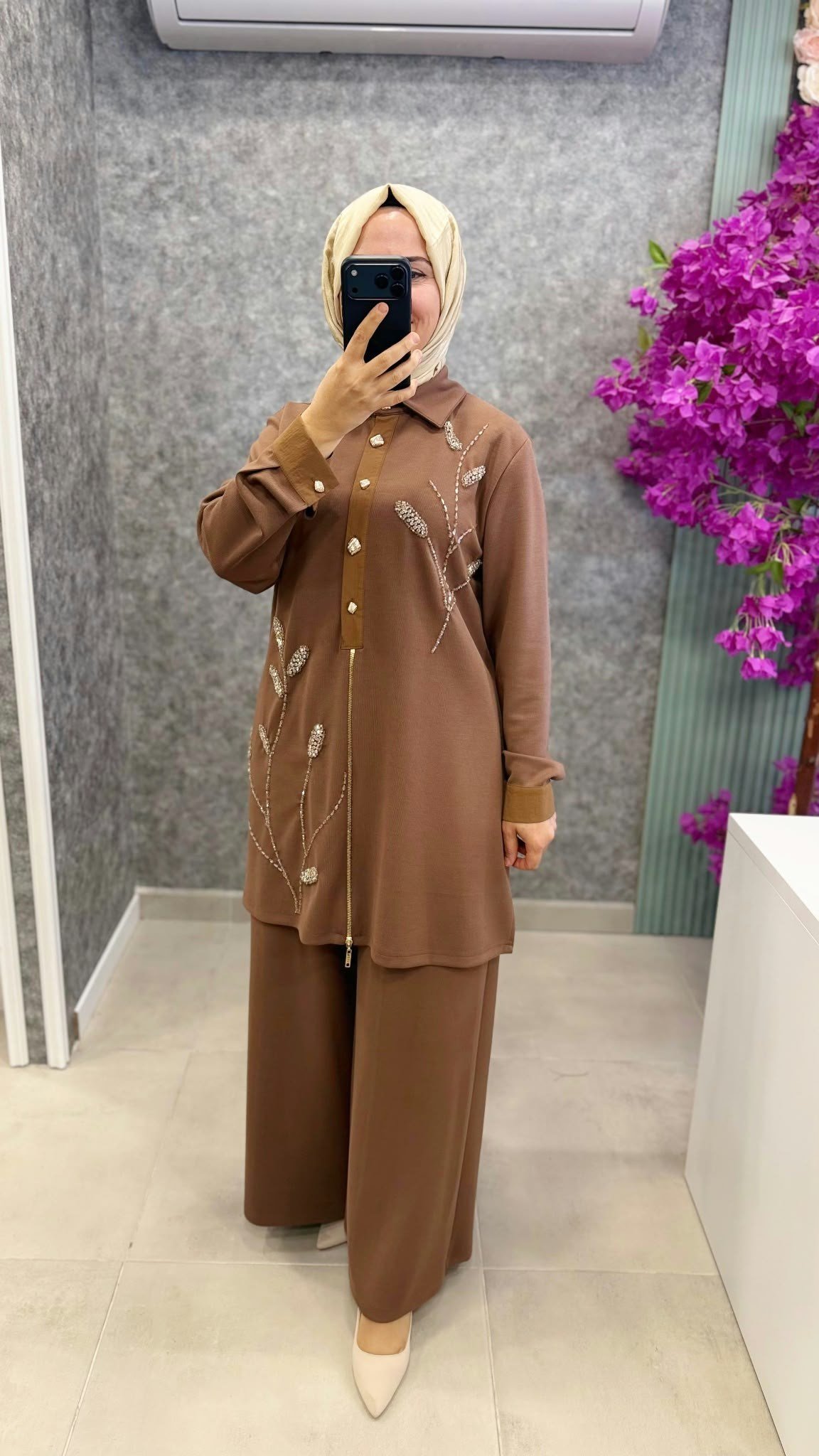 MEVA PLUS Tasli yaprak desenli tunik pantolon takim 340TP