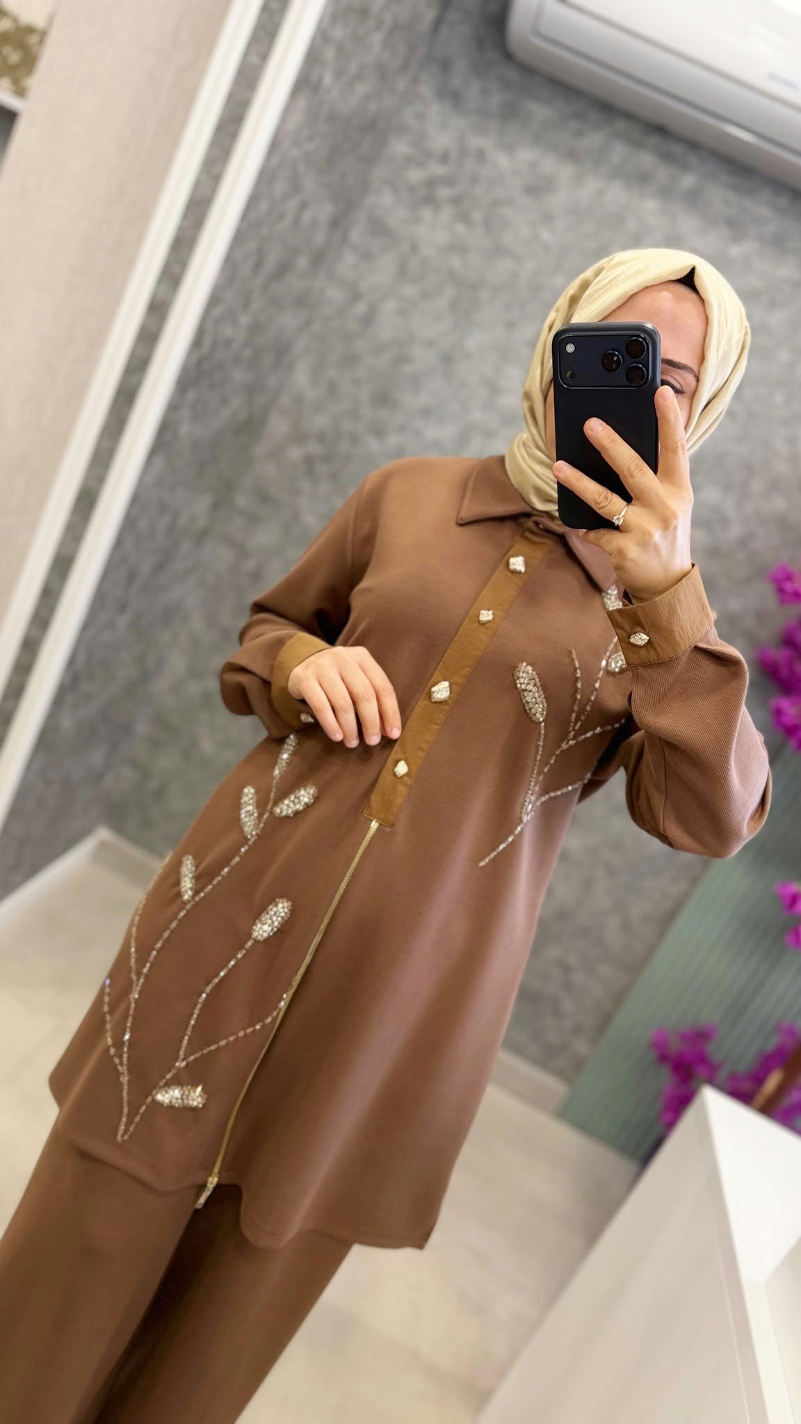 MEVA PLUS Tasli yaprak desenli tunik pantolon takim 340TP