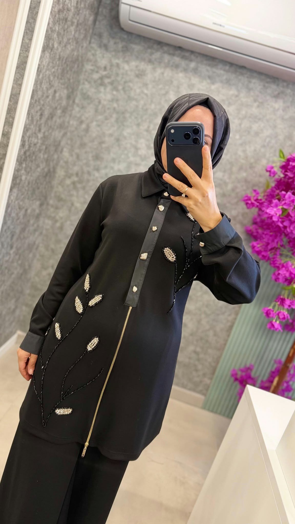 MEVA PLUS Tasli yaprak desenli  tunik pantolon takim 340TP SIYAH