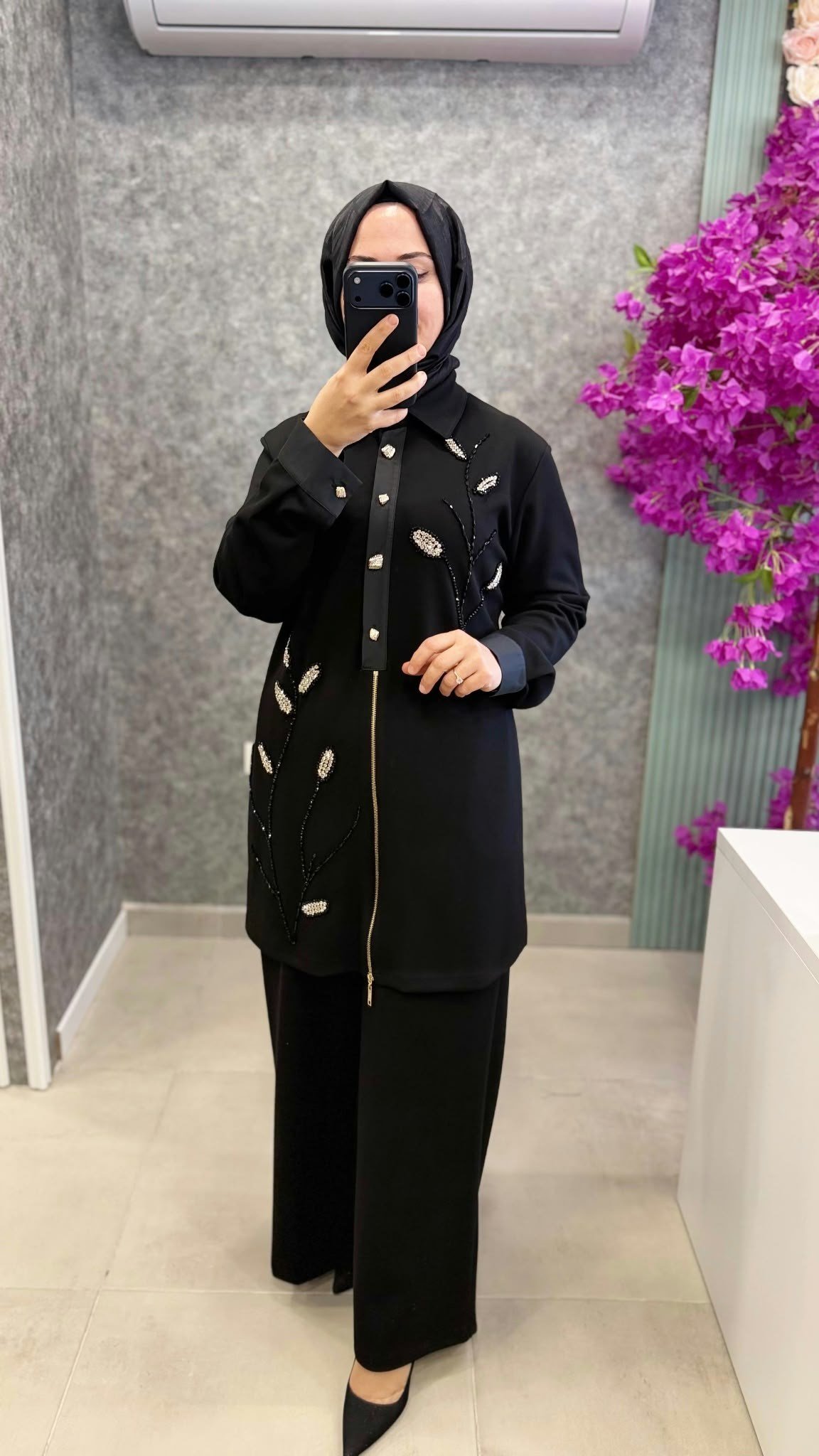 MEVA PLUS Tasli yaprak desenli  tunik pantolon takim 340TP SIYAH