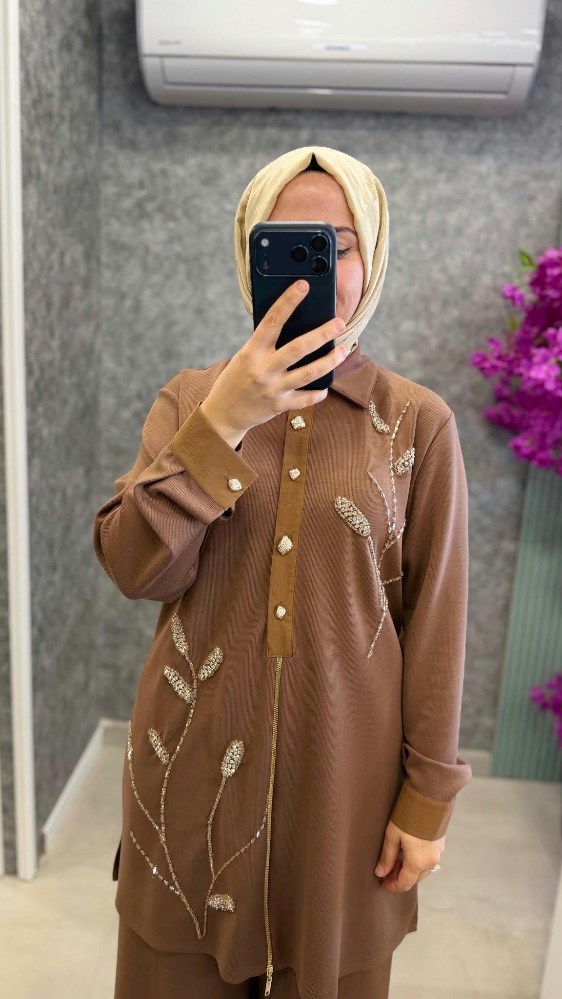 MEVA PLUS Tasli yaprak desenli tunik pantolon takim 340TP