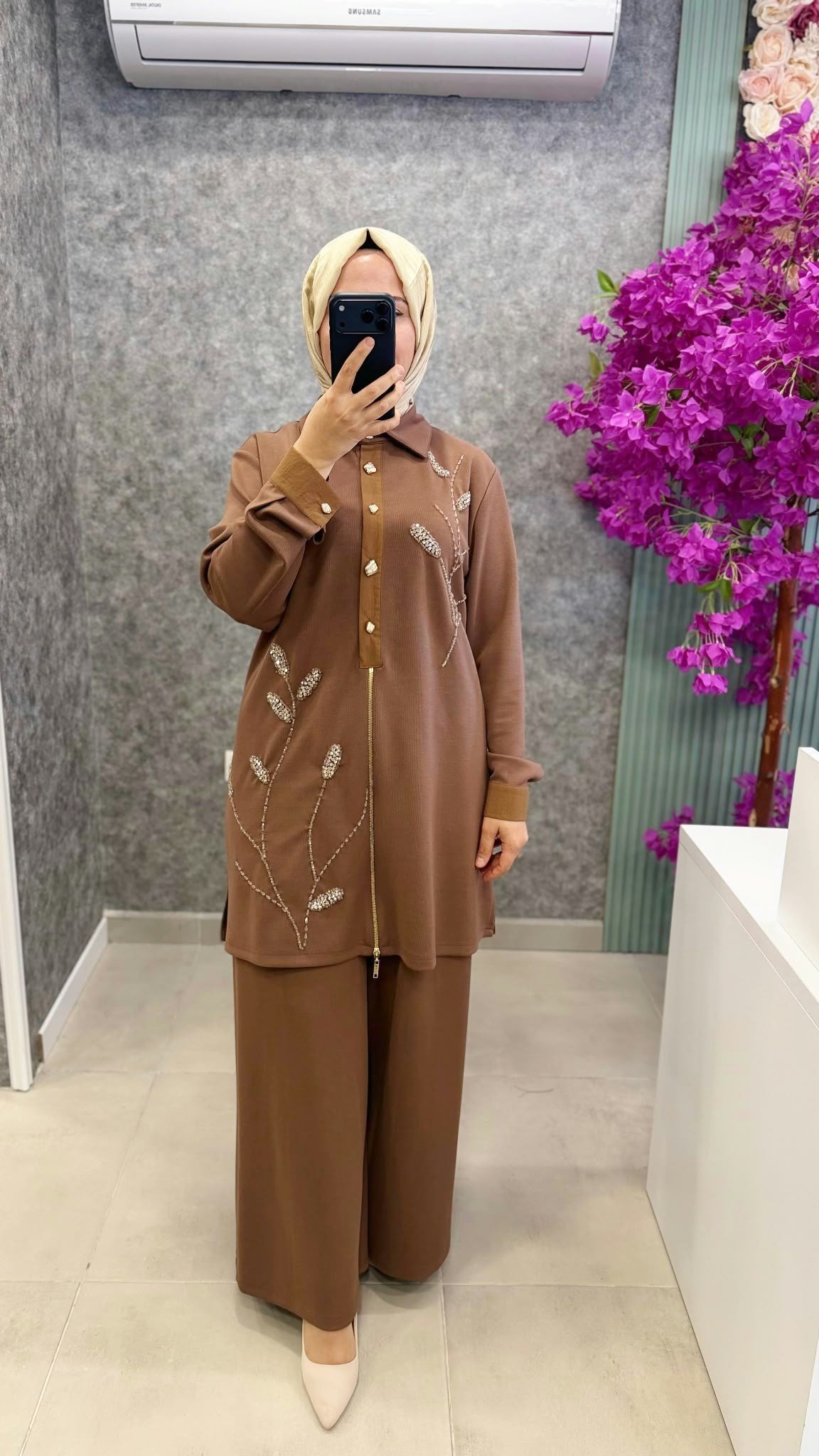 MEVA PLUS Tasli yaprak desenli tunik pantolon takim 340TP