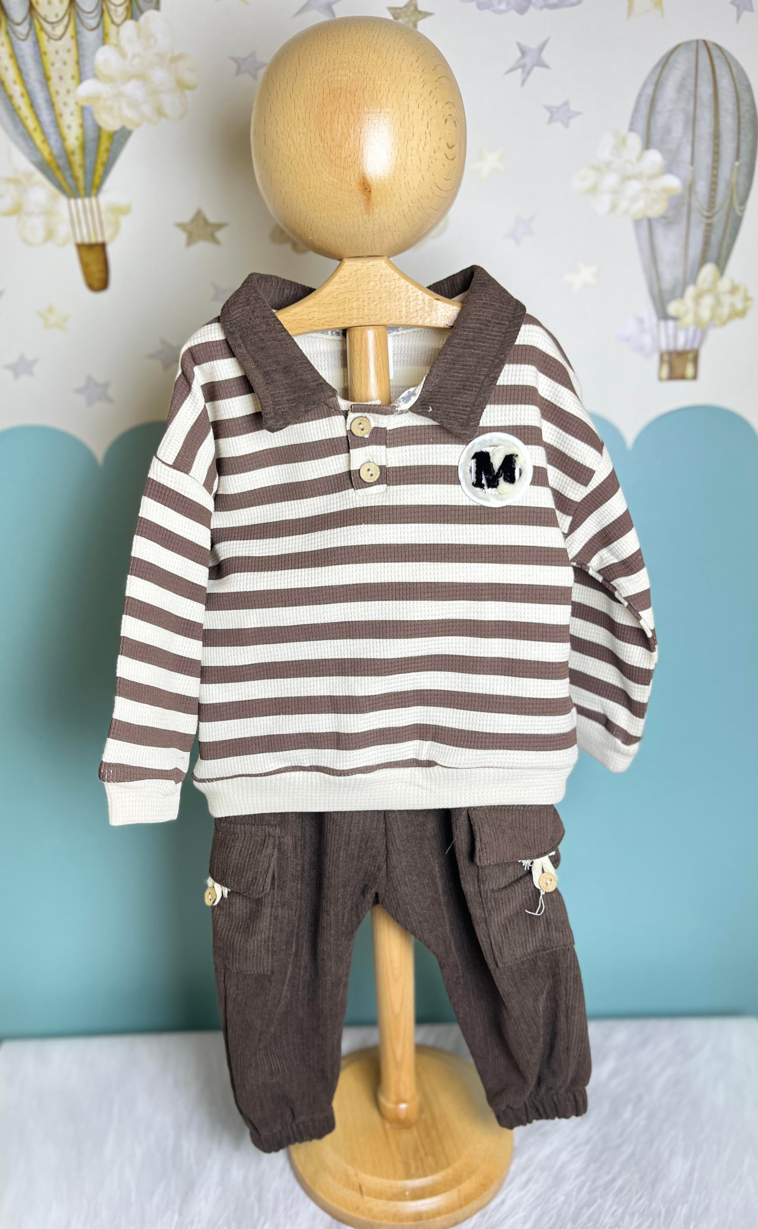 Çizgili Sweatshirt Cep Detaylı Pantolon Takım Erkek Bebek