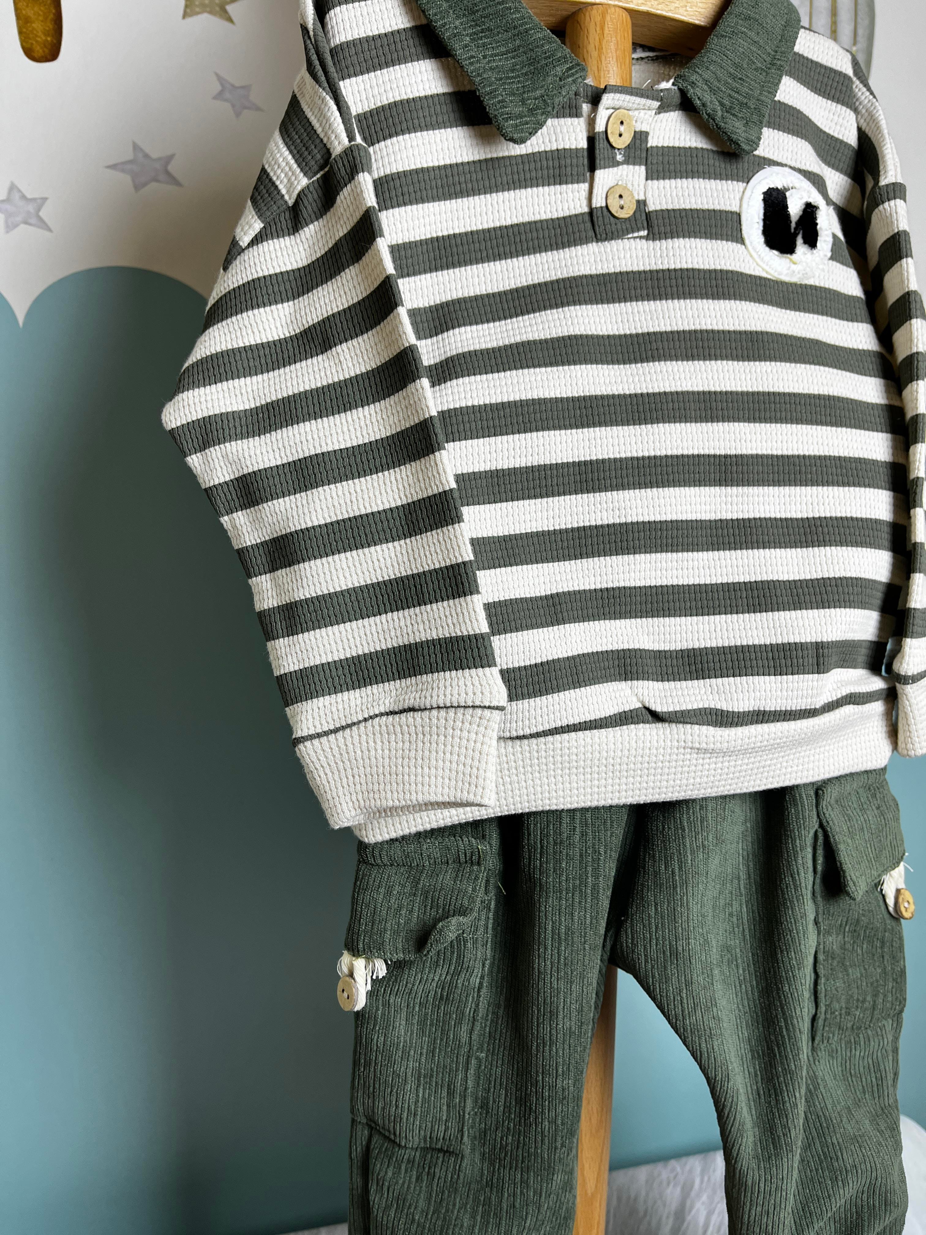 Çizgili Sweatshirt Cep Detaylı Pantolon Takım Erkek Bebek