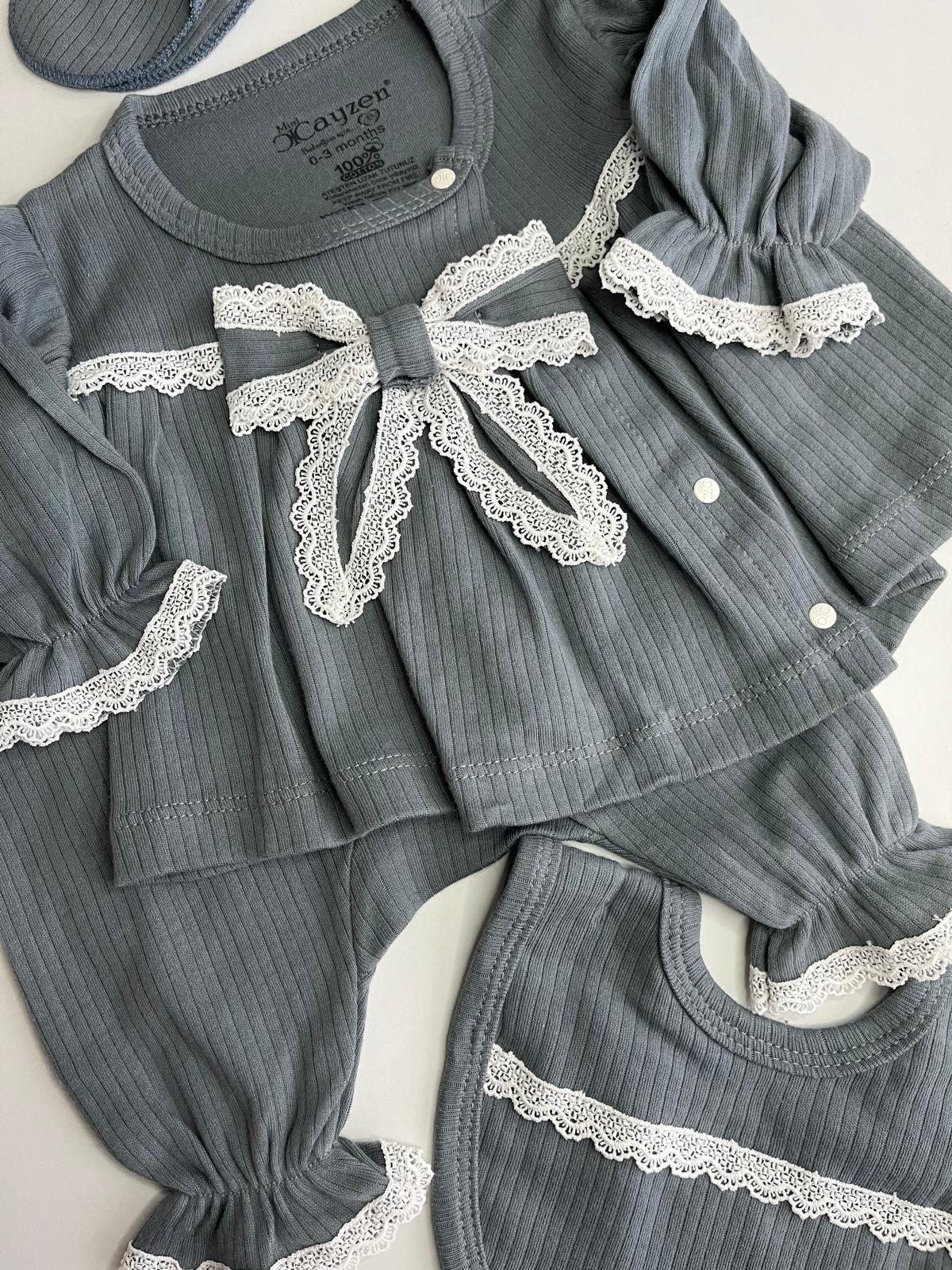 Fransız Güpürlü 5li Kız Bebek Set Füme