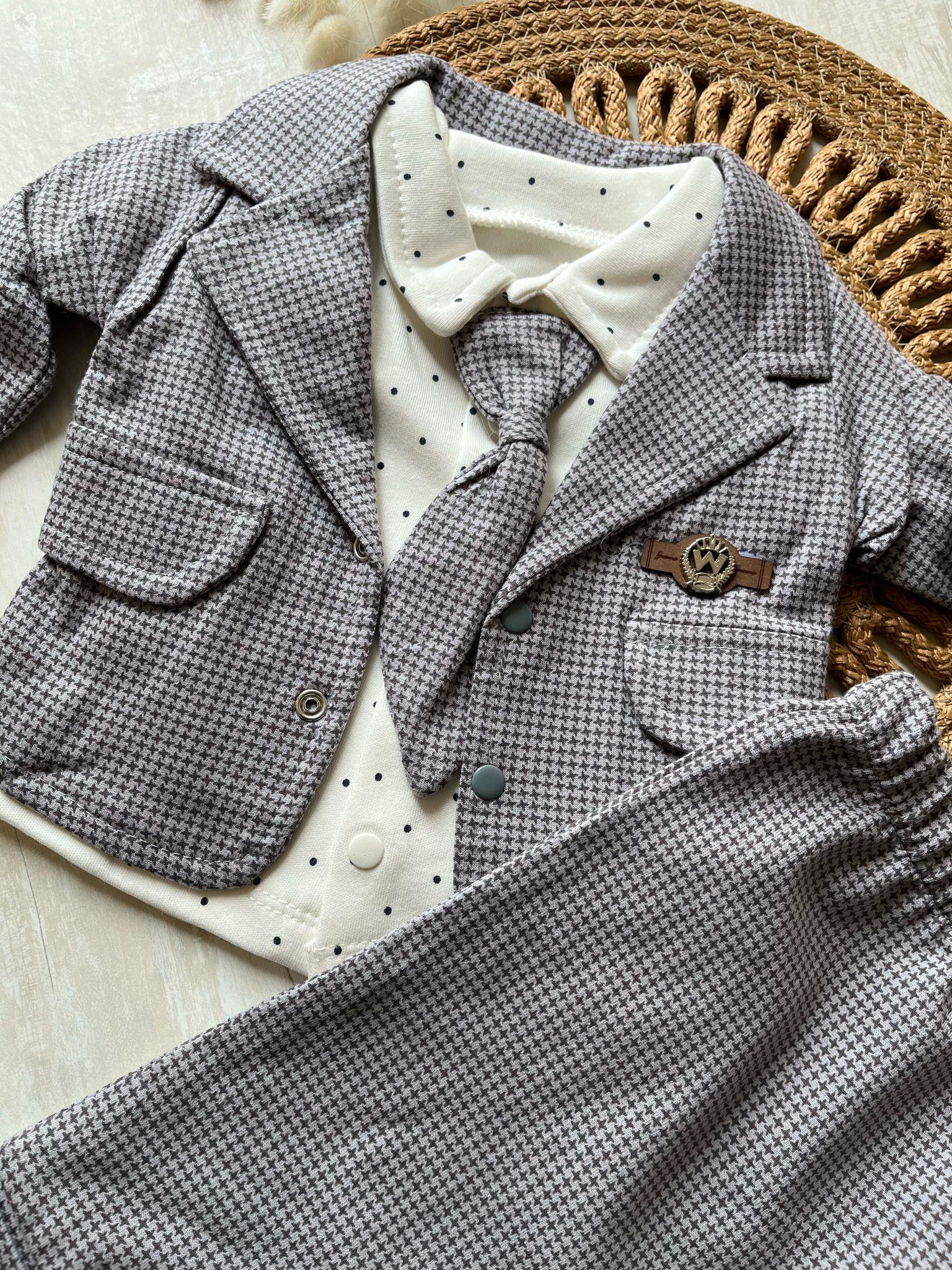 Fukukum Baby Ceketli Kravatlı 3lü Erkek Bebek Takım Füme