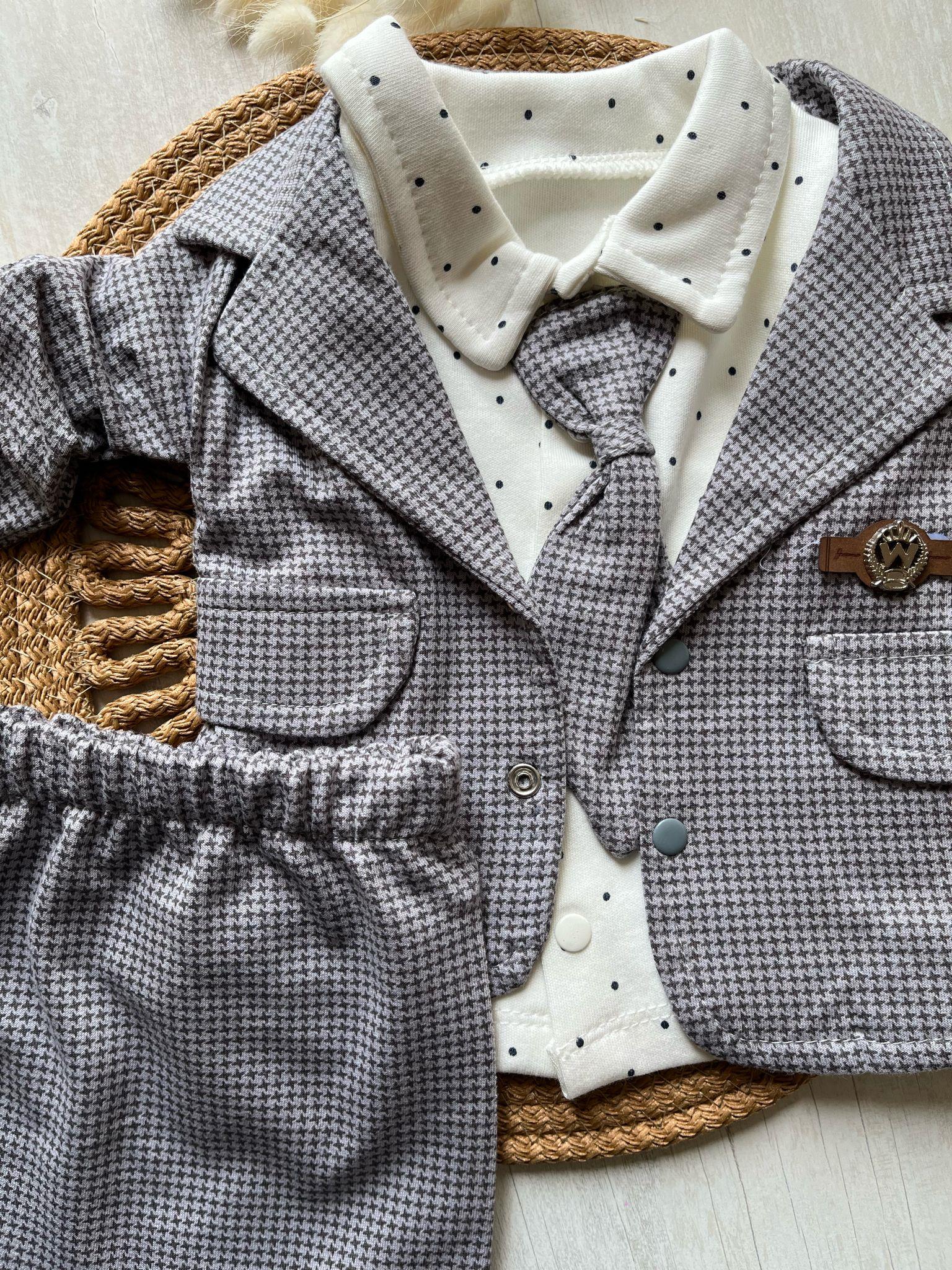 Fukukum Baby Ceketli Kravatlı 3lü Erkek Bebek Takım Füme