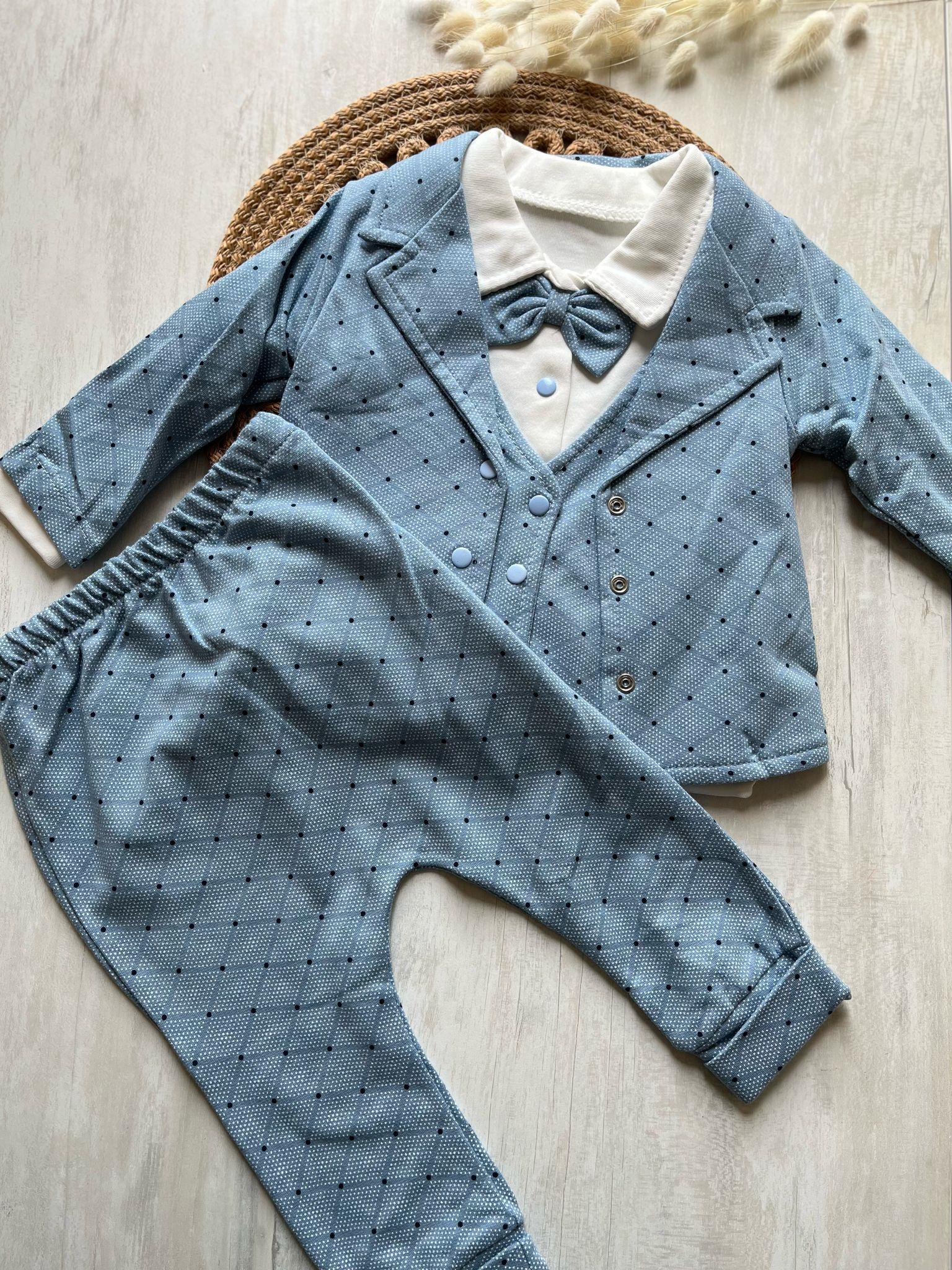 Fukukum Baby Ceketli Yelek Detaylı Papyonlu 3lü Noktalı Çizgili Erkek Bebek Takım