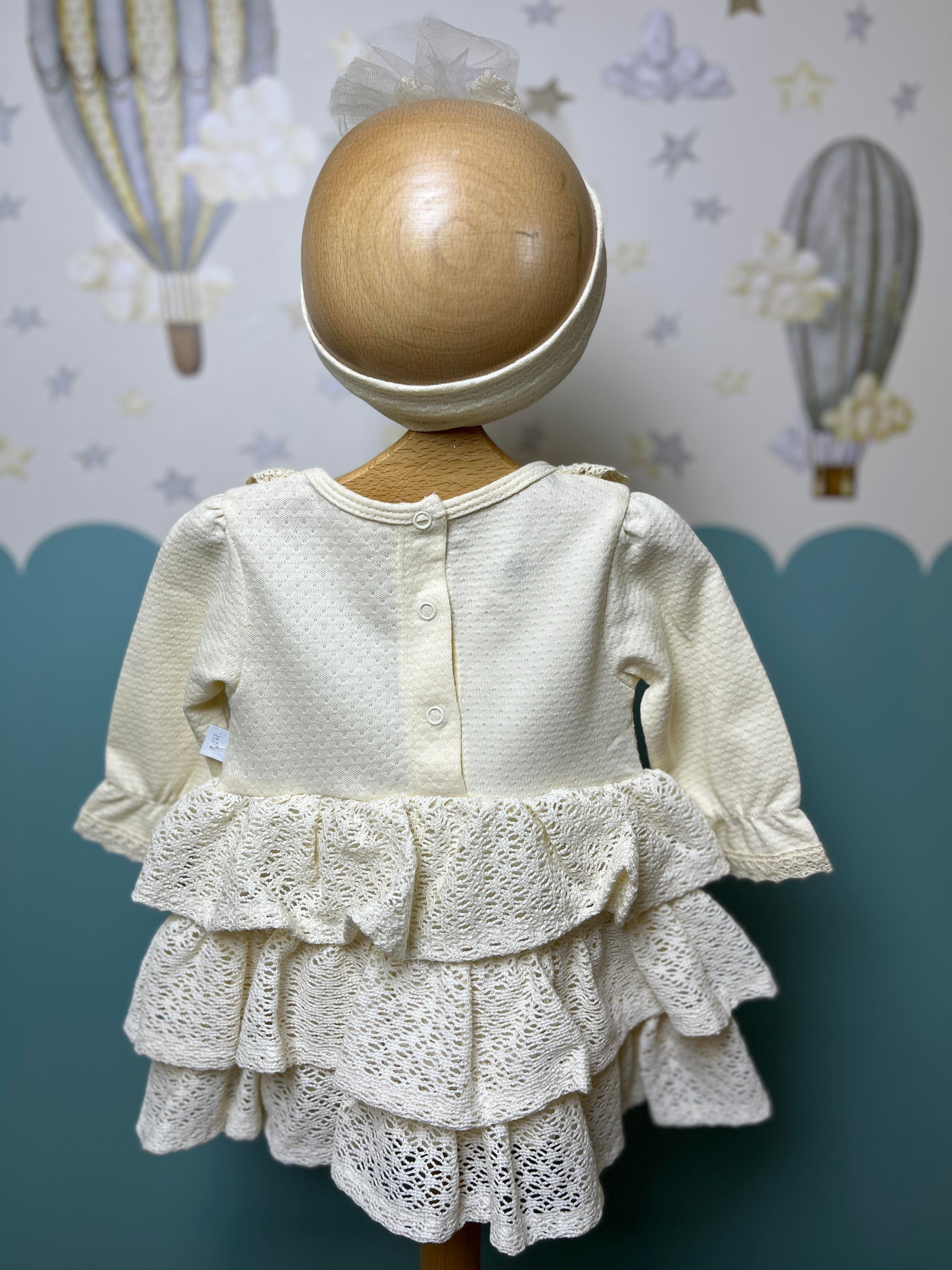 Fukukum Baby Dantelli Fiyonklu Bandanalı Kız Bebek Elbise Krem